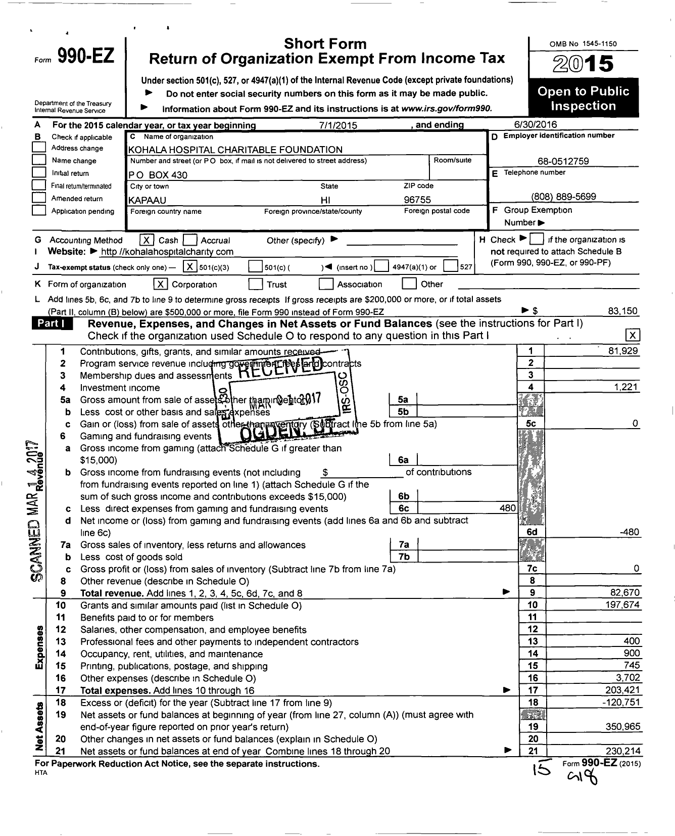 Image of first page of 2015 Form 990EZ for Kohala Hospital Charitable Foundation