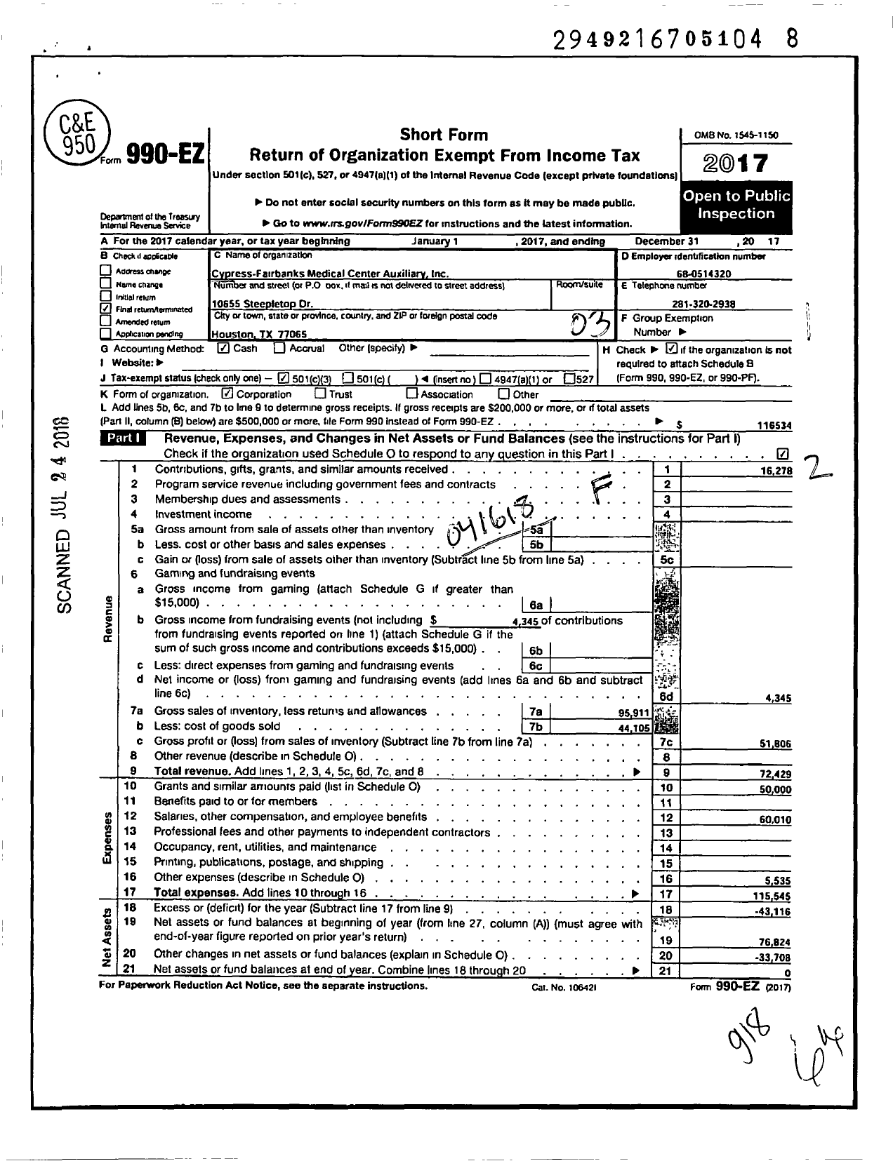 Image of first page of 2017 Form 990EZ for Cypress-Fairbanks Medical Center Auxiliary