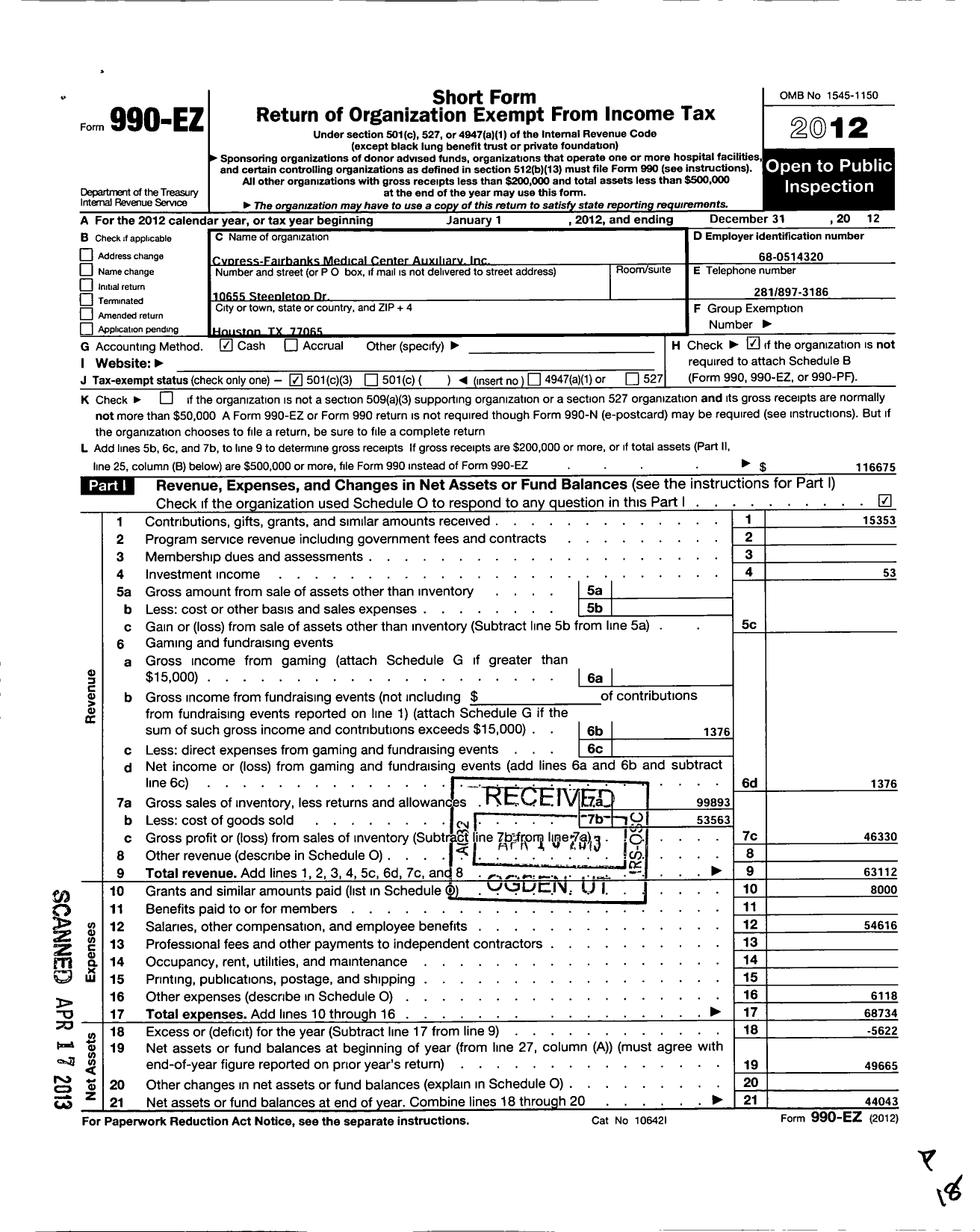 Image of first page of 2012 Form 990EZ for Cypress-Fairbanks Medical Center Auxiliary