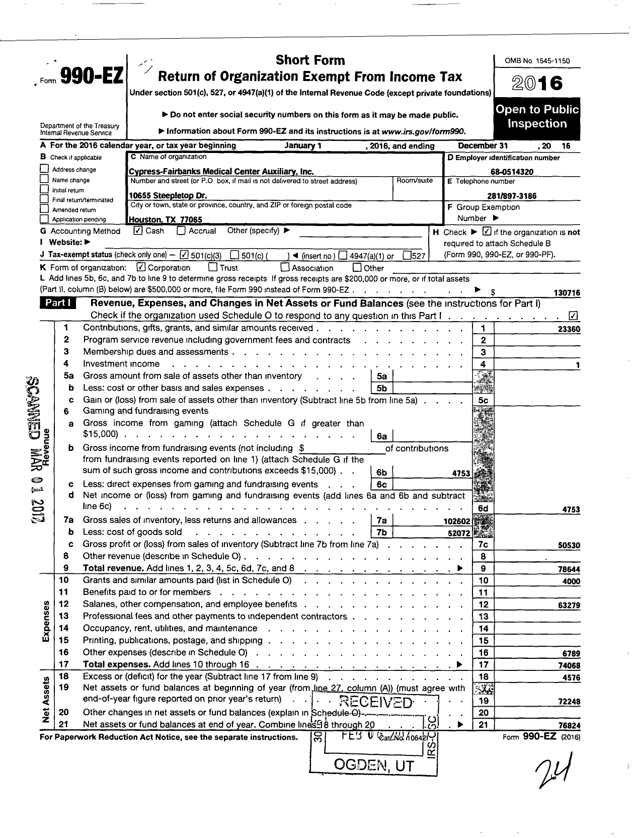 Image of first page of 2016 Form 990EZ for Cypress-Fairbanks Medical Center Auxiliary