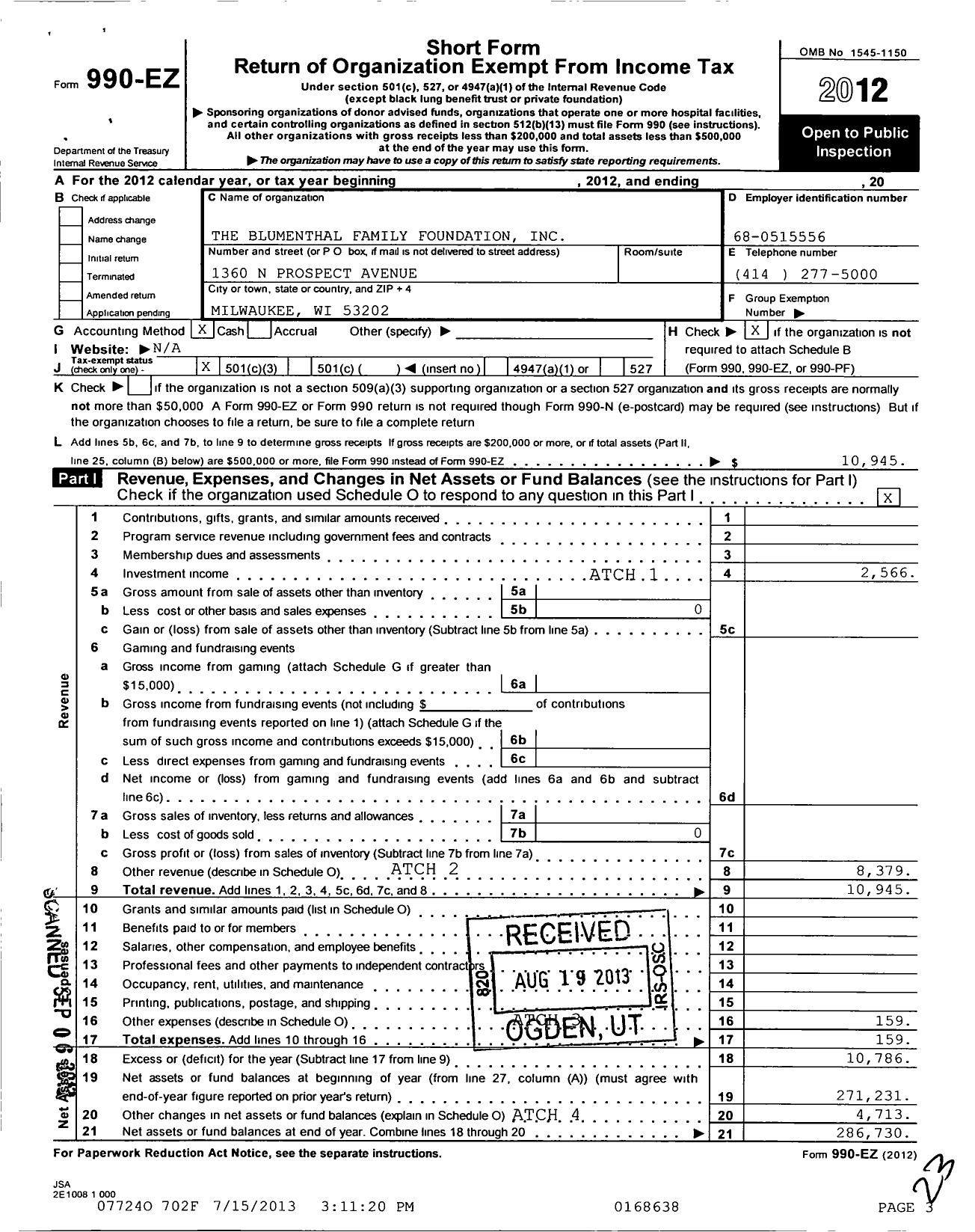 Image of first page of 2012 Form 990EZ for Blumenthal Family Foundation