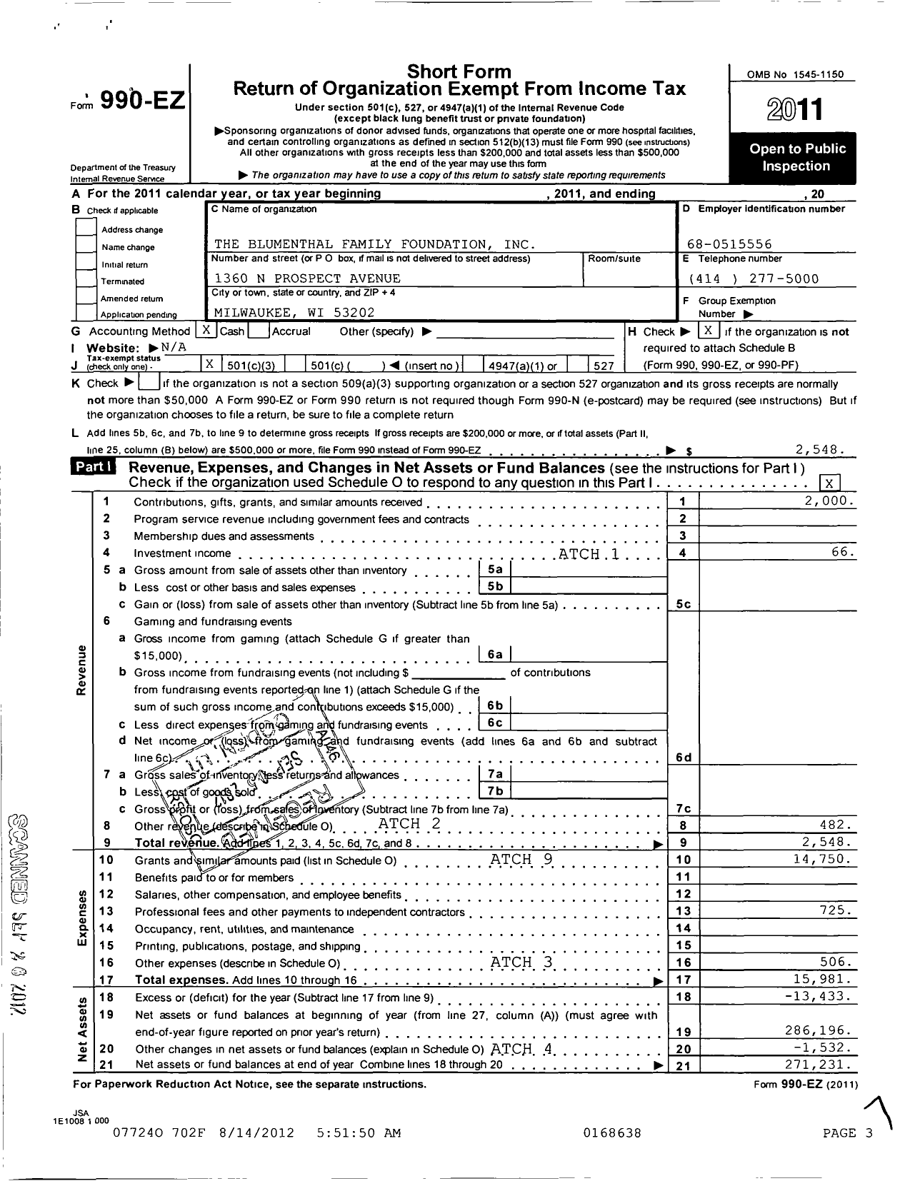 Image of first page of 2011 Form 990EZ for Blumenthal Family Foundation