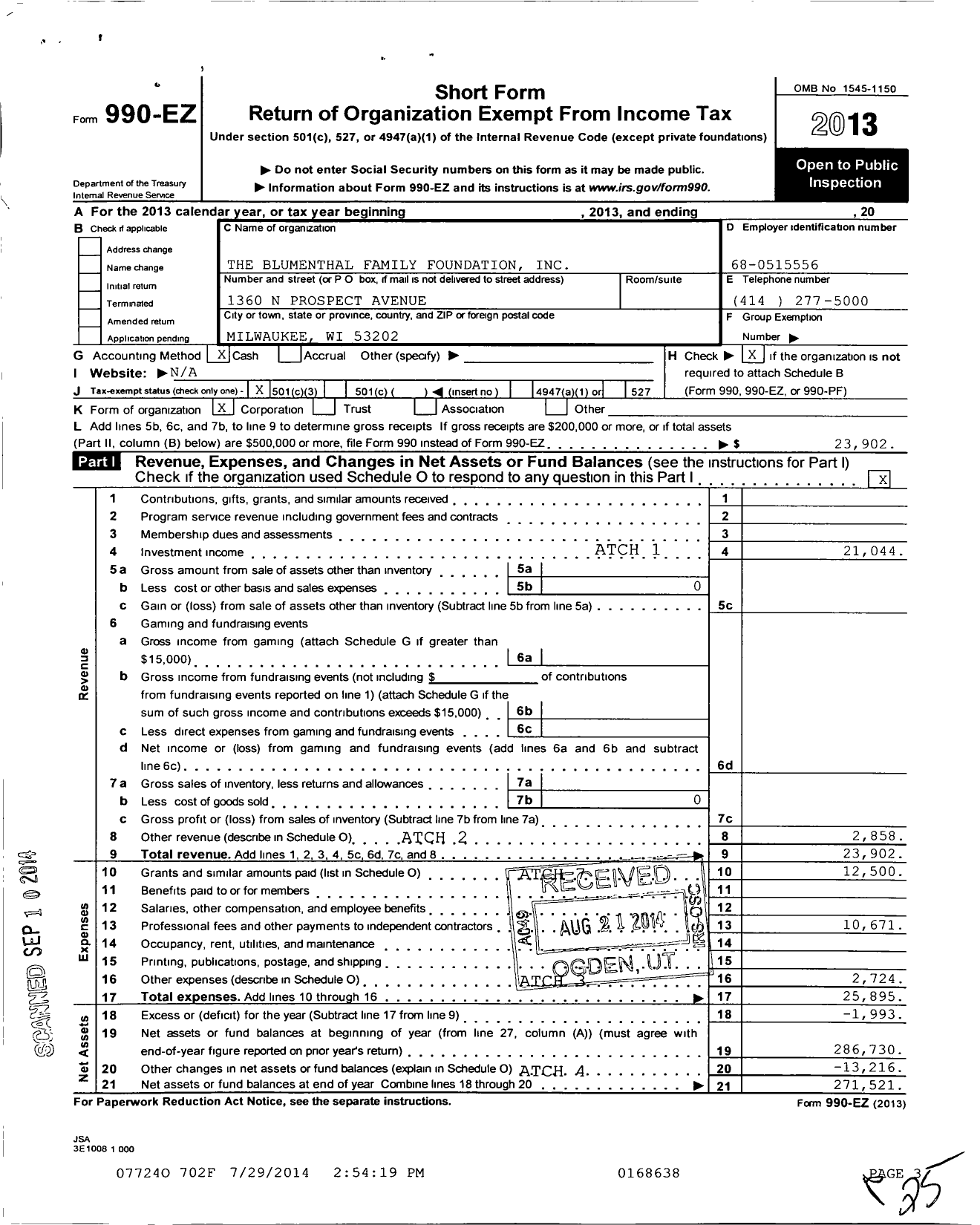 Image of first page of 2013 Form 990EZ for Blumenthal Family Foundation