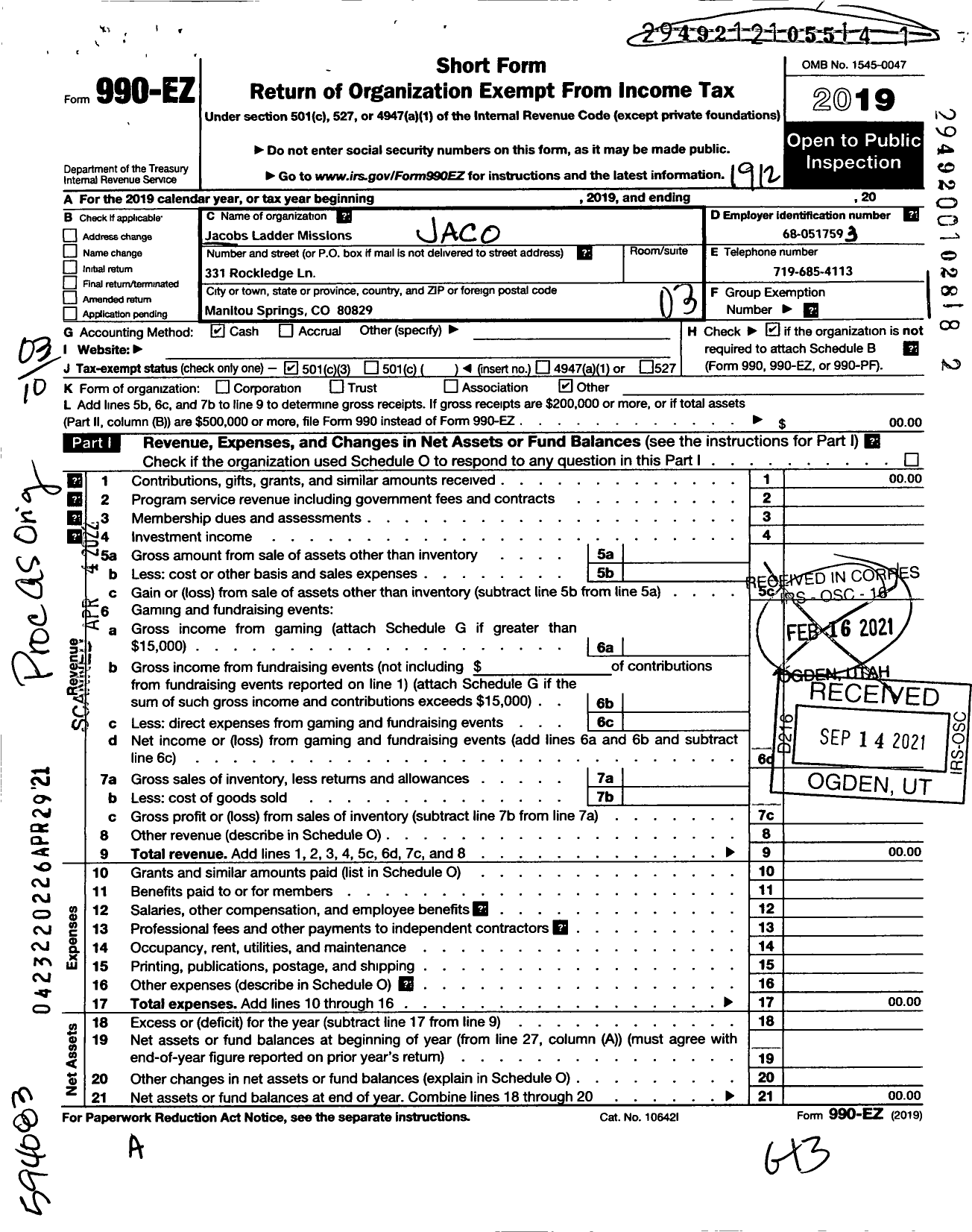 Image of first page of 2019 Form 990EZ for Jacobs Ladder Missions