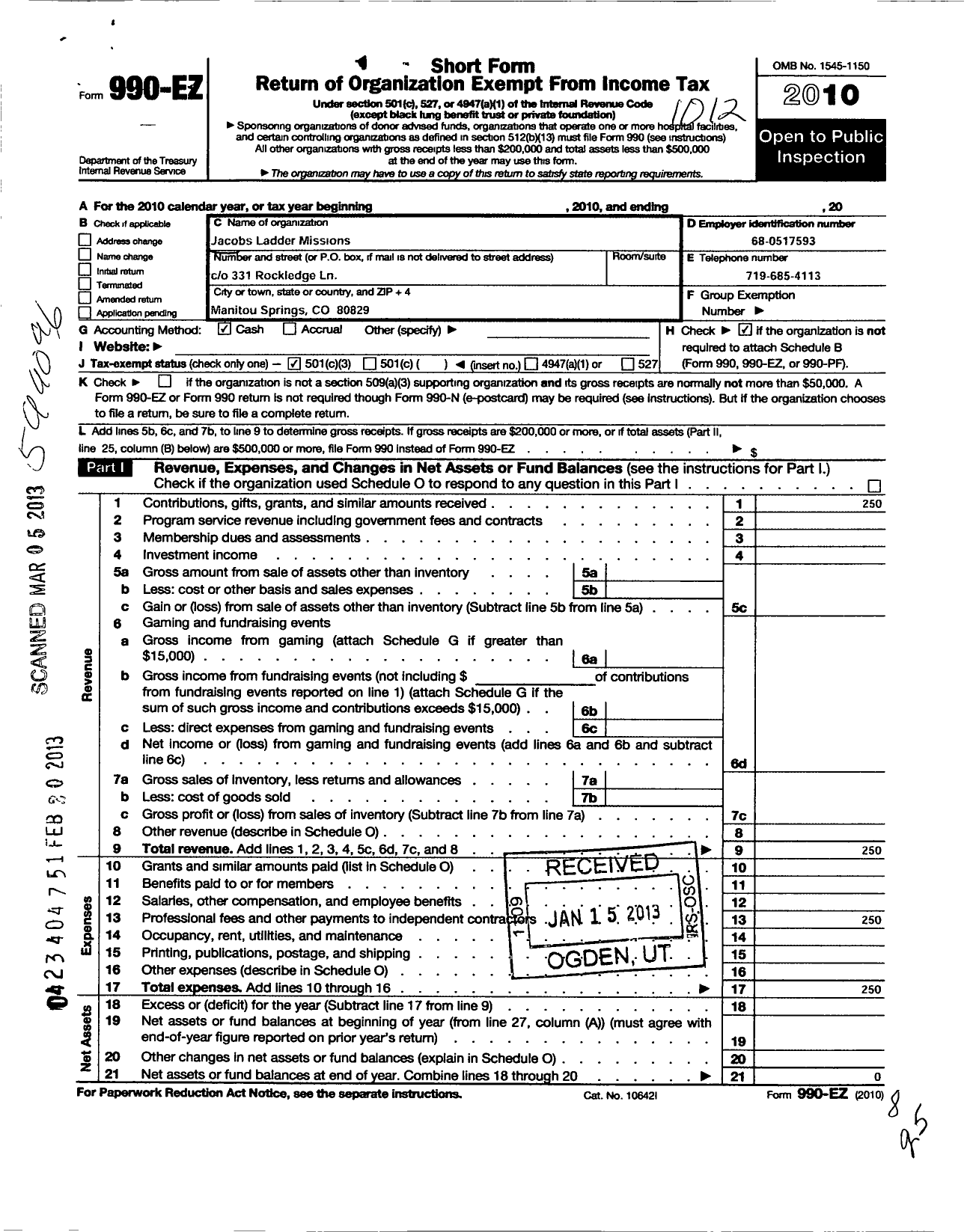 Image of first page of 2010 Form 990EZ for Jacobs Ladder Missions