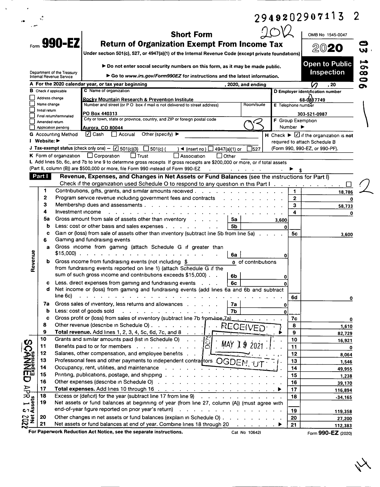 Image of first page of 2020 Form 990EZ for Rocky Mountain Research and Prevention Institute