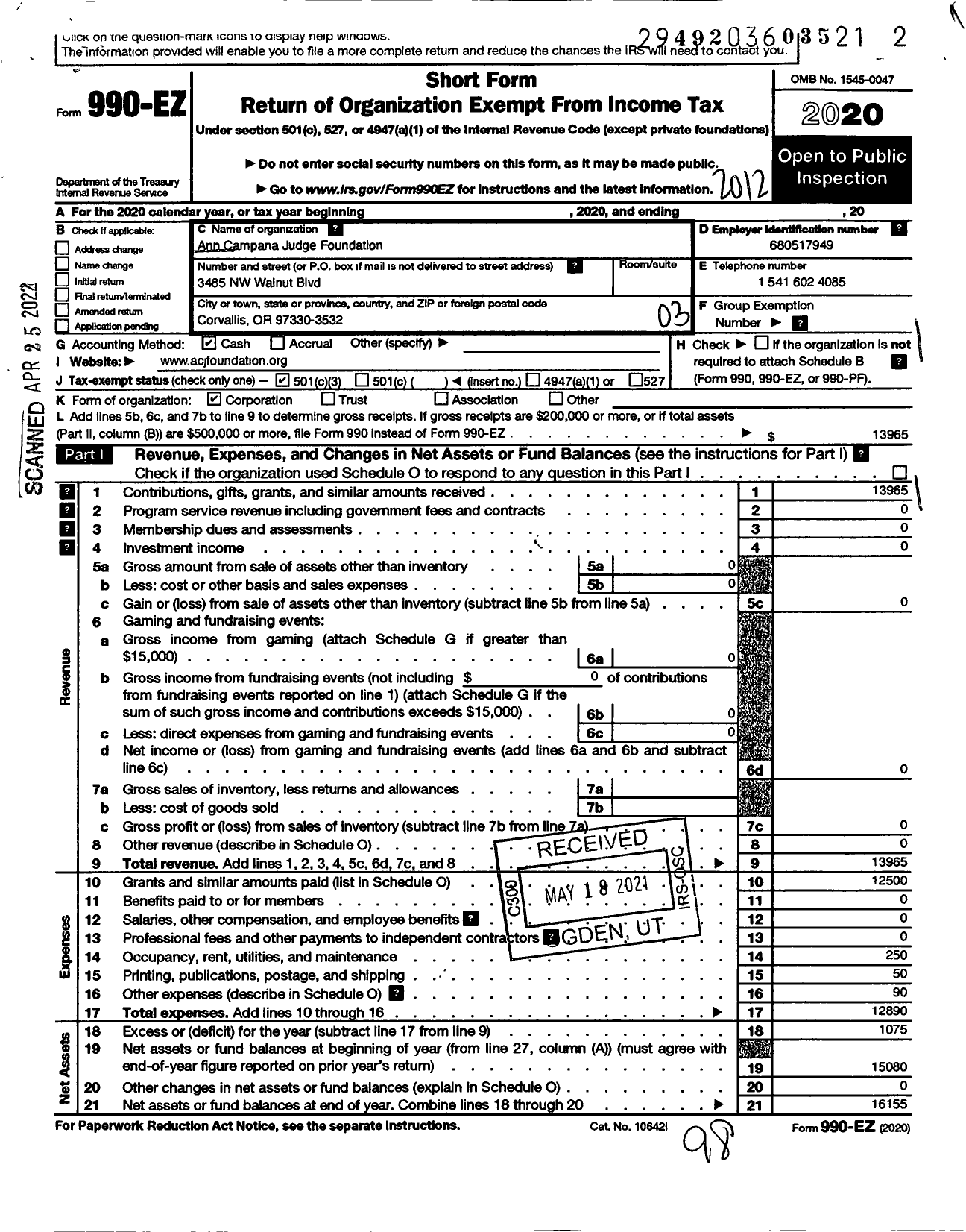 Image of first page of 2020 Form 990EZ for Ann Campana Judge Foundation