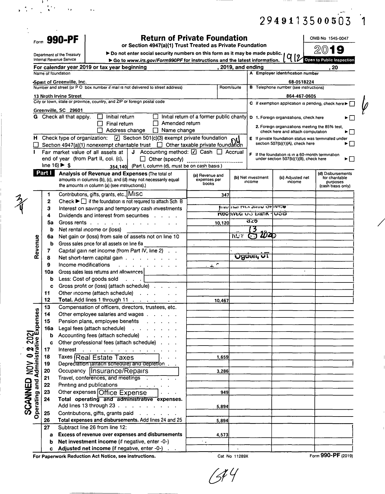 Image of first page of 2019 Form 990PF for Spirit of Greenville