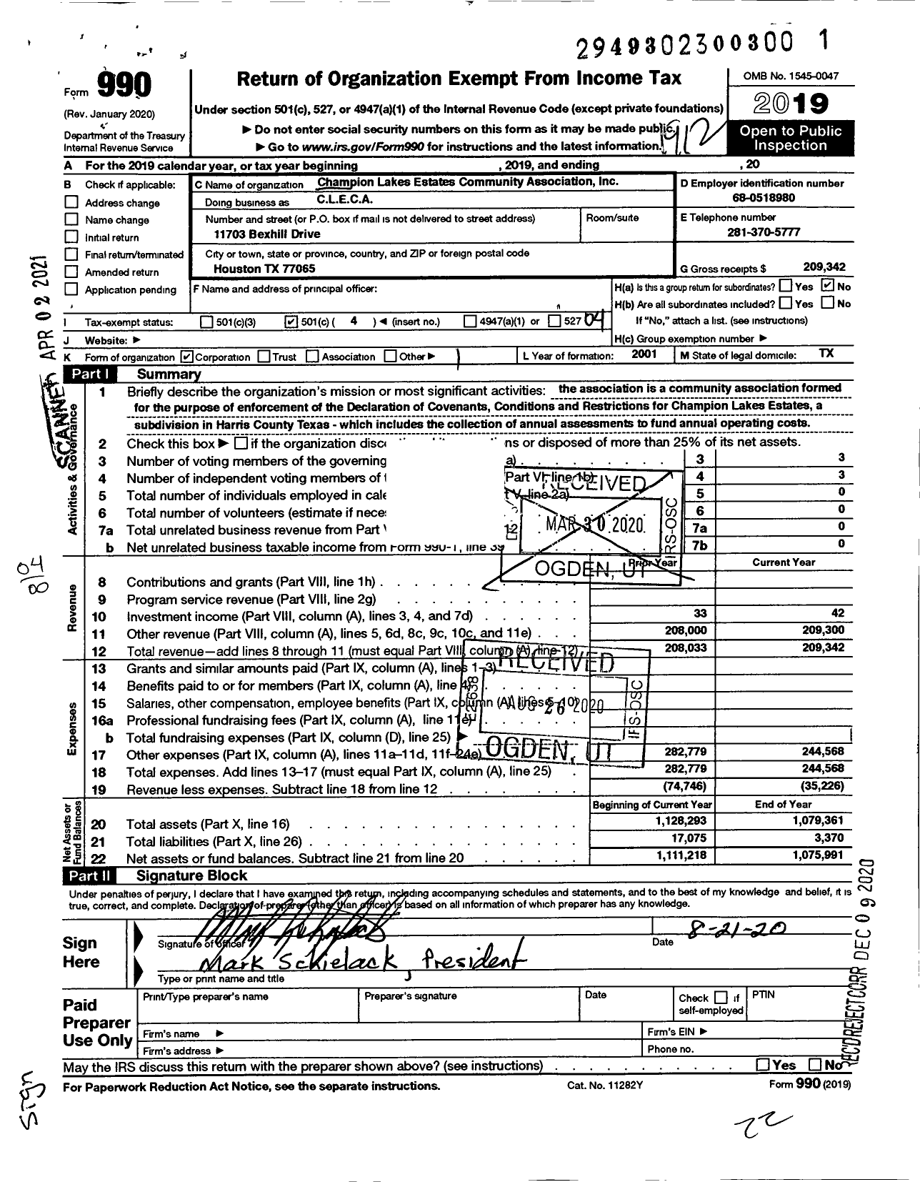 Image of first page of 2019 Form 990O for Champion Lakes Estates Community Association