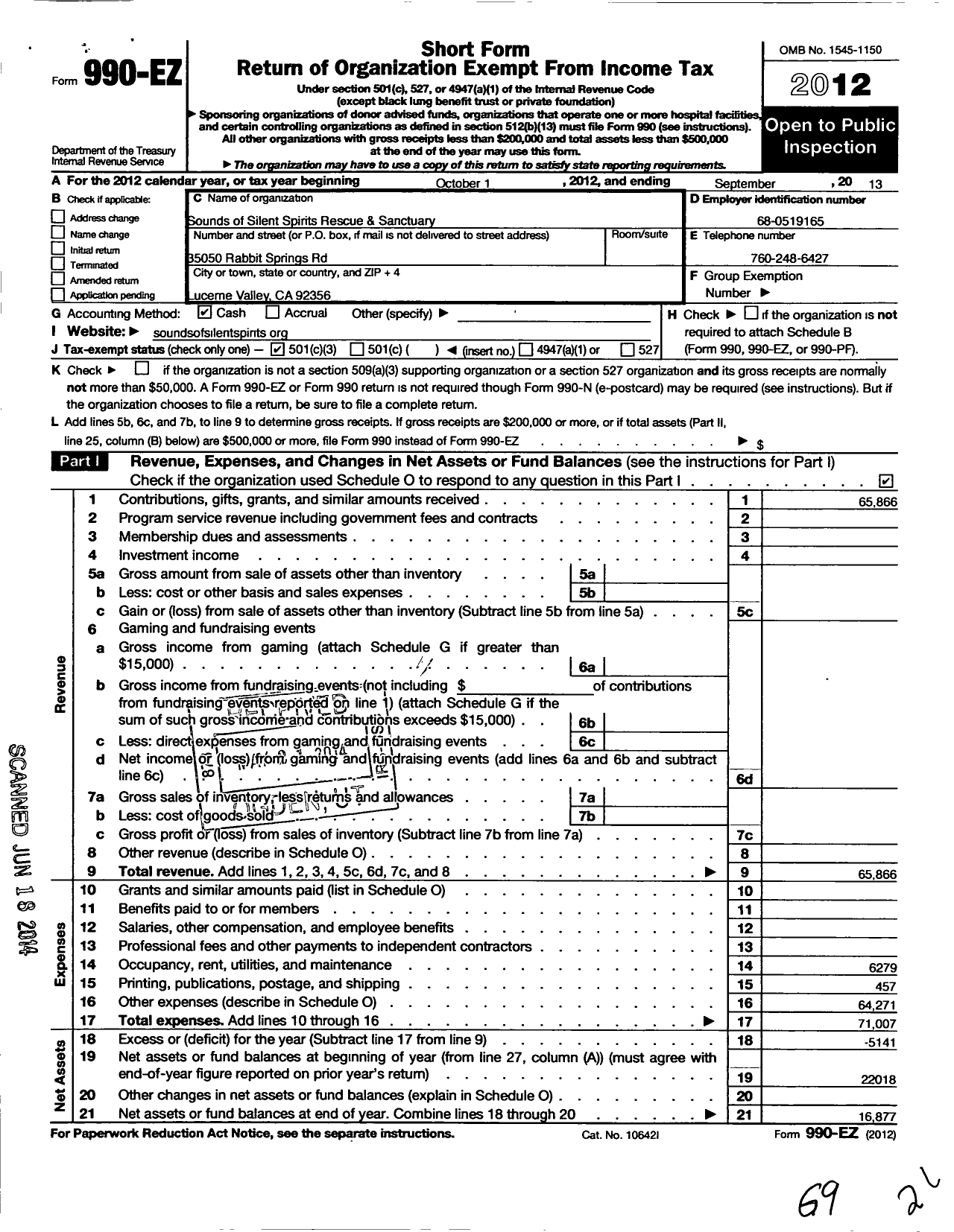 Image of first page of 2012 Form 990EZ for Sounds of Silent Spirits Rescue and Sanctuary