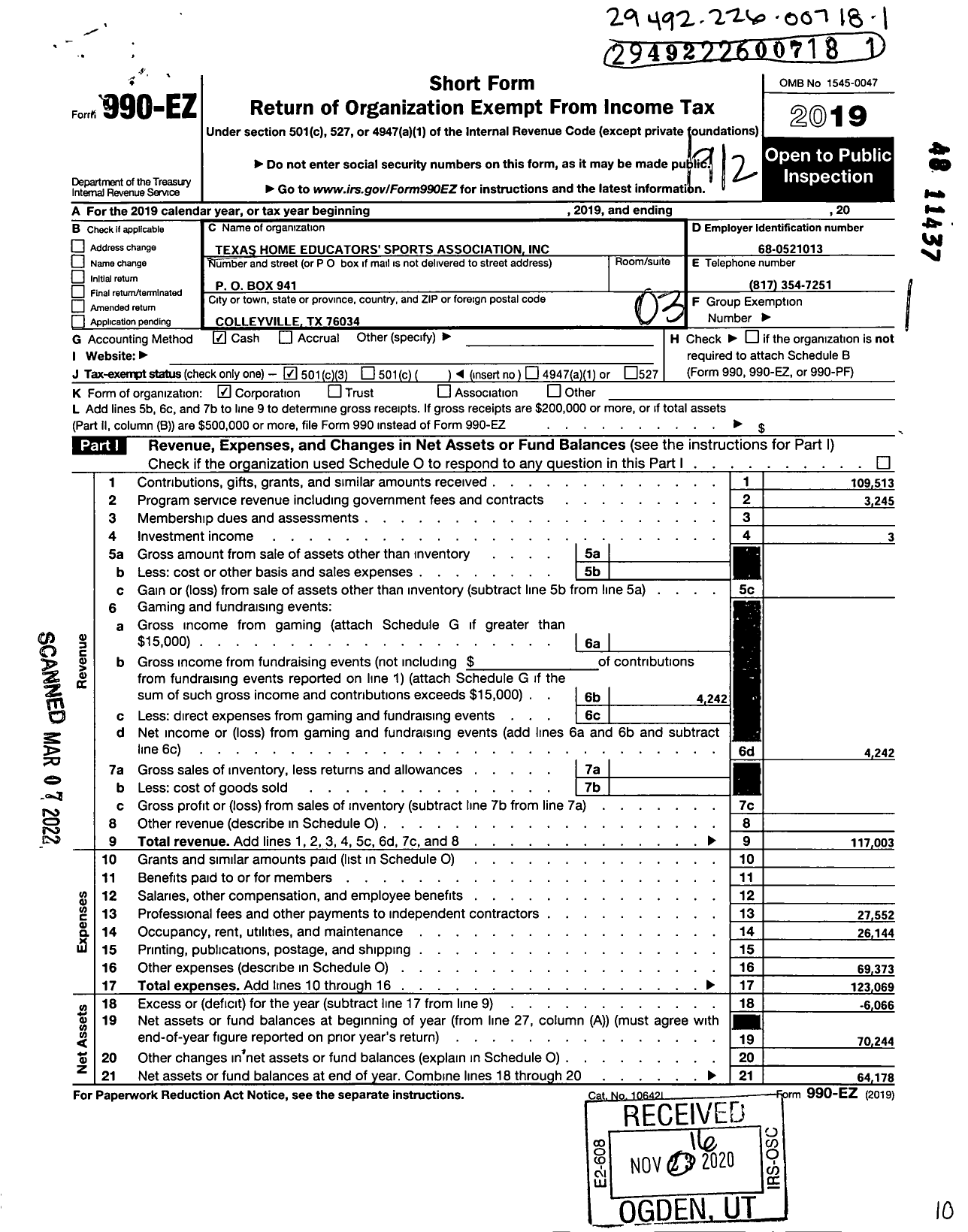 Image of first page of 2019 Form 990EZ for Texas Home Educators' Sports Association