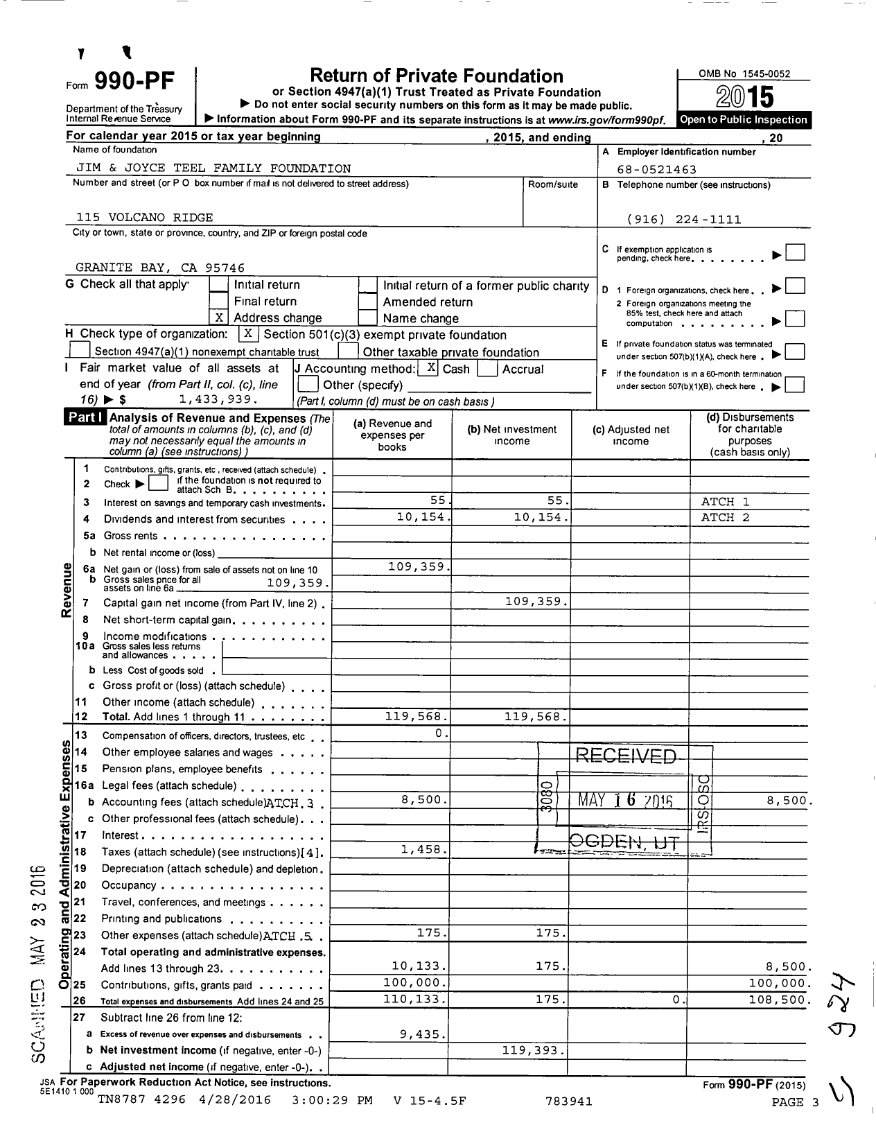 Image of first page of 2015 Form 990PF for Joyce and Jim Teel Family Foundation