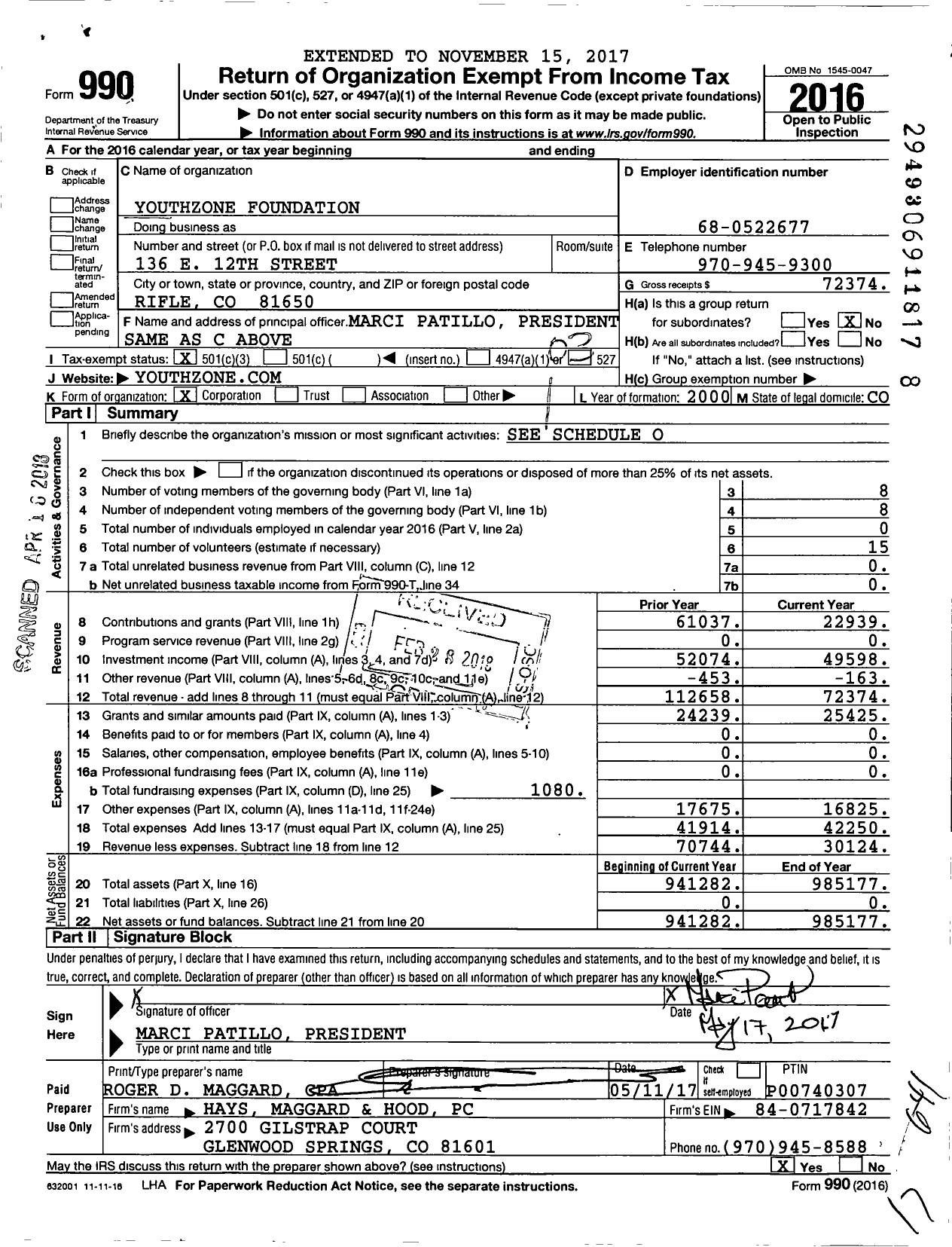 Image of first page of 2016 Form 990 for Youthzone Foundation