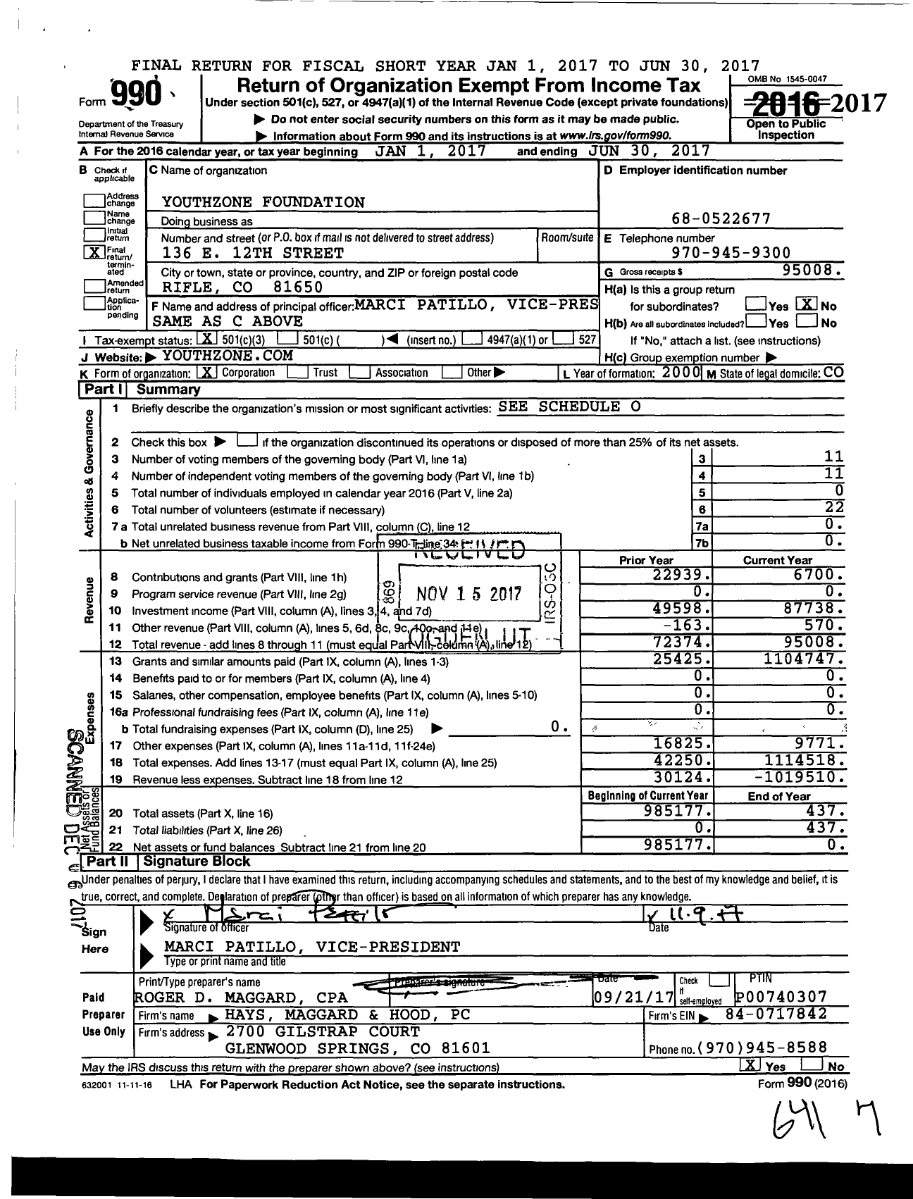 Image of first page of 2016 Form 990 for Youthzone Foundation