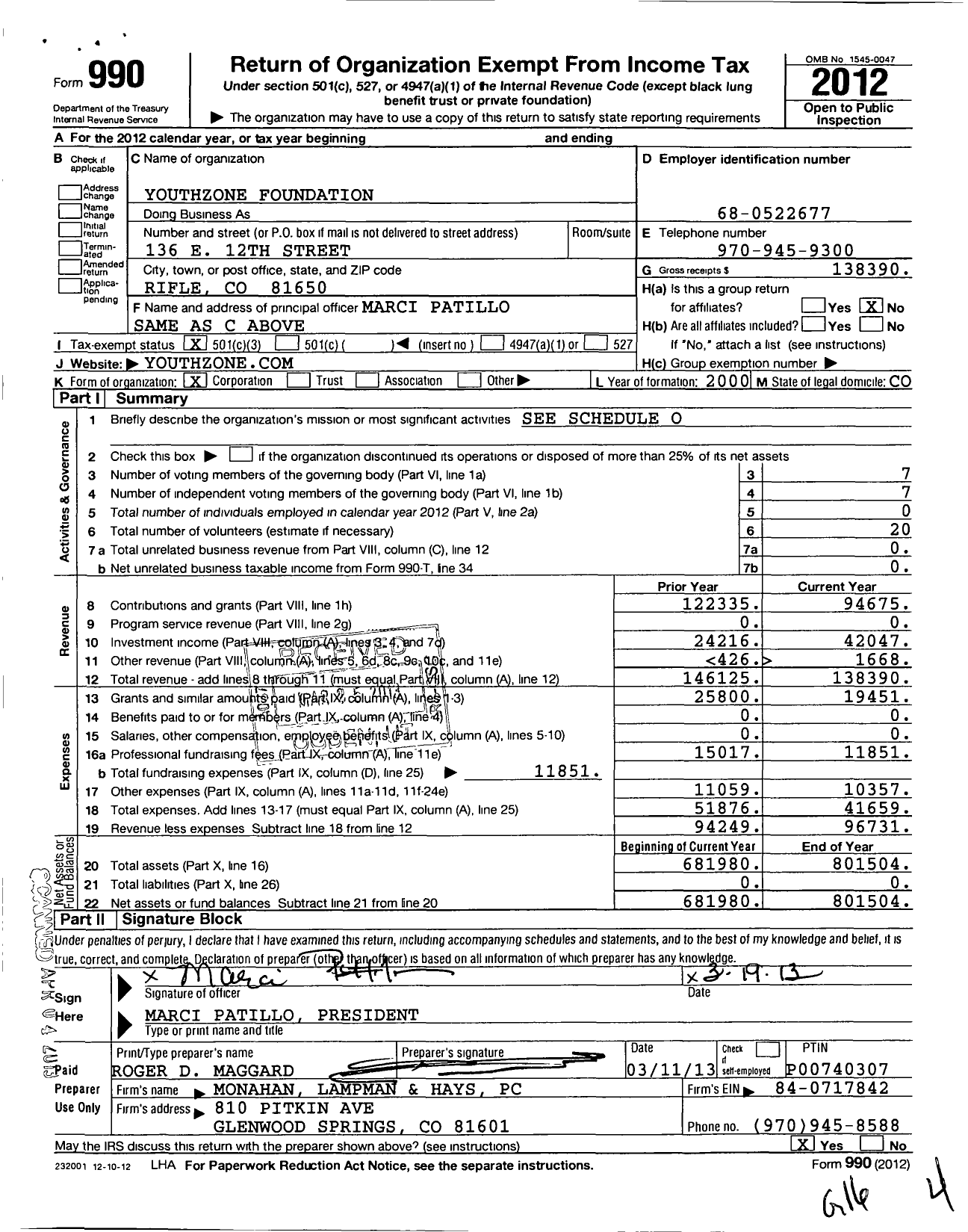 Image of first page of 2012 Form 990 for Youthzone Foundation