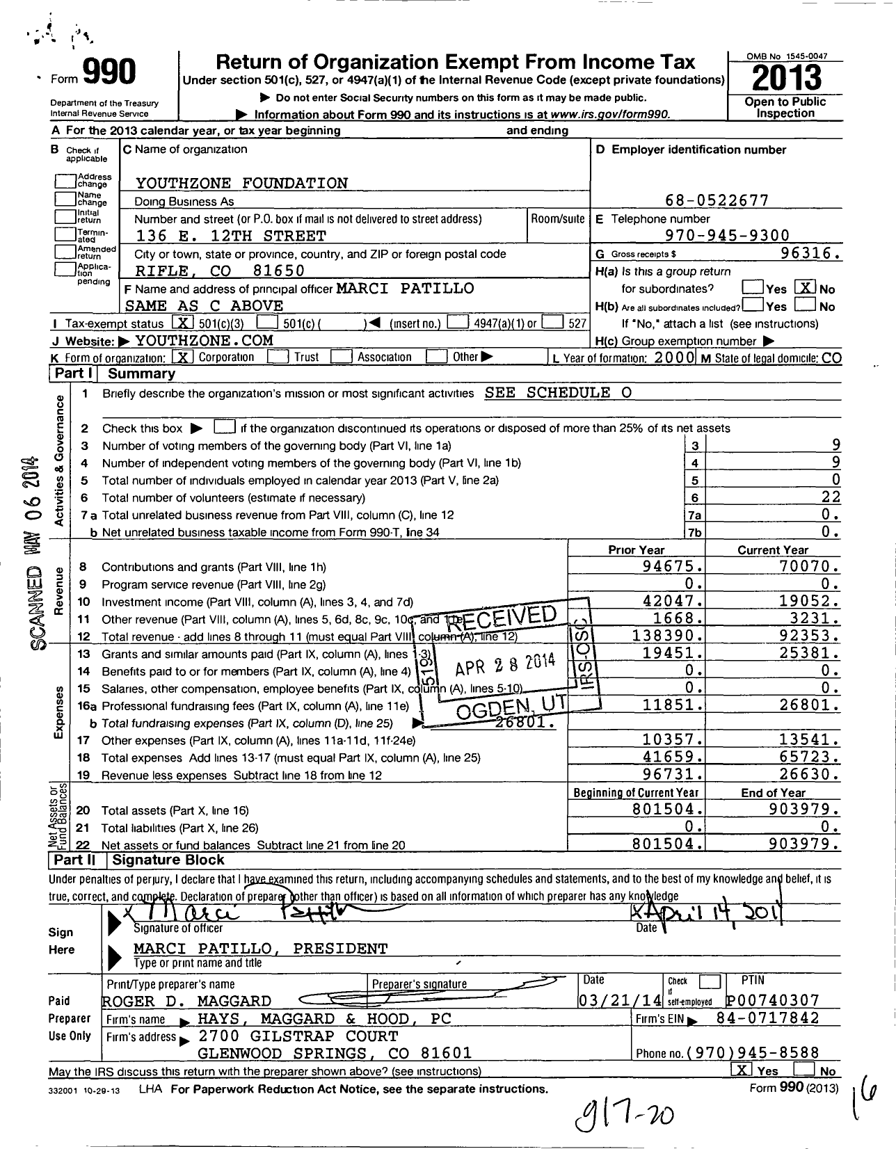 Image of first page of 2013 Form 990 for Youthzone Foundation