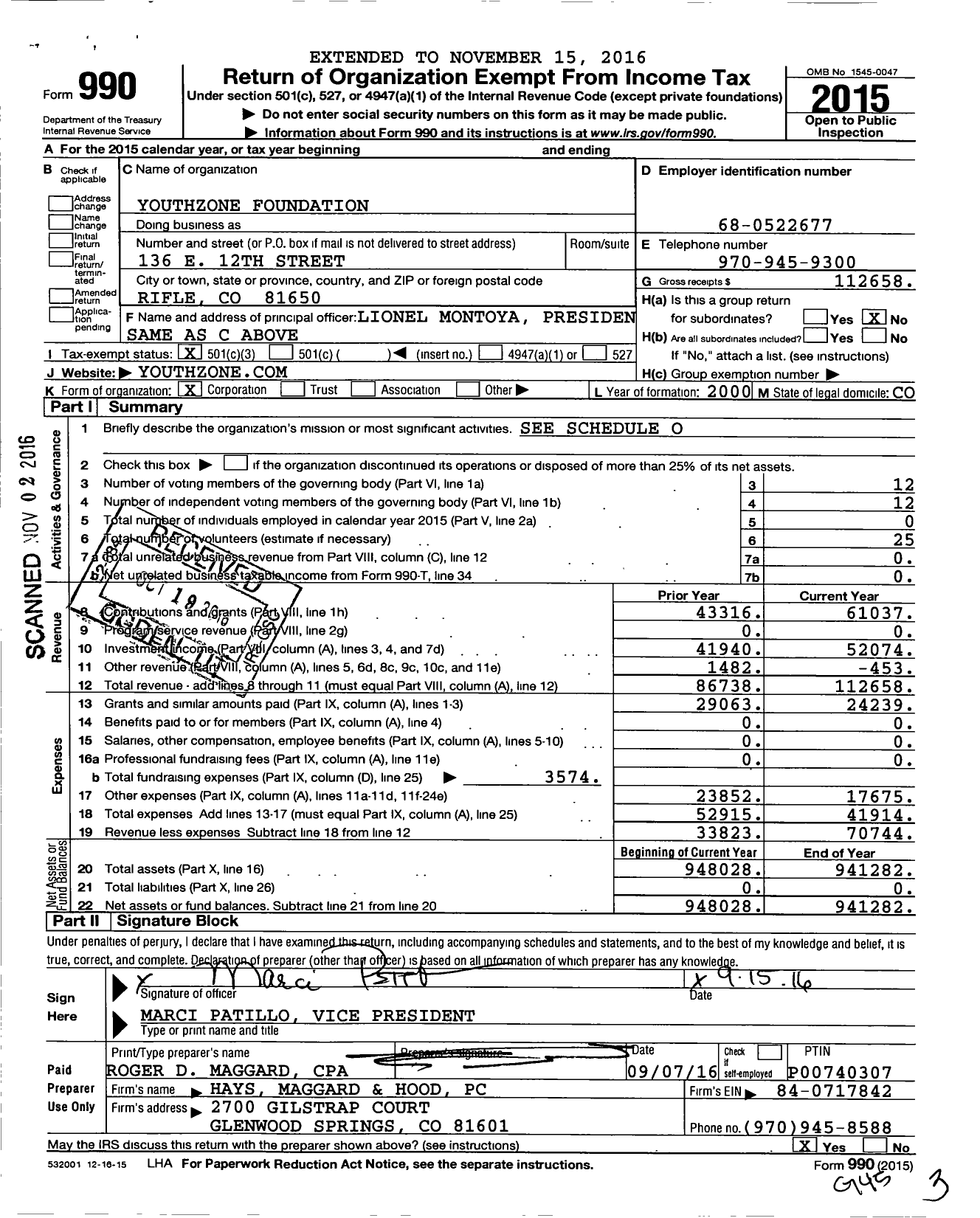 Image of first page of 2015 Form 990 for Youthzone Foundation