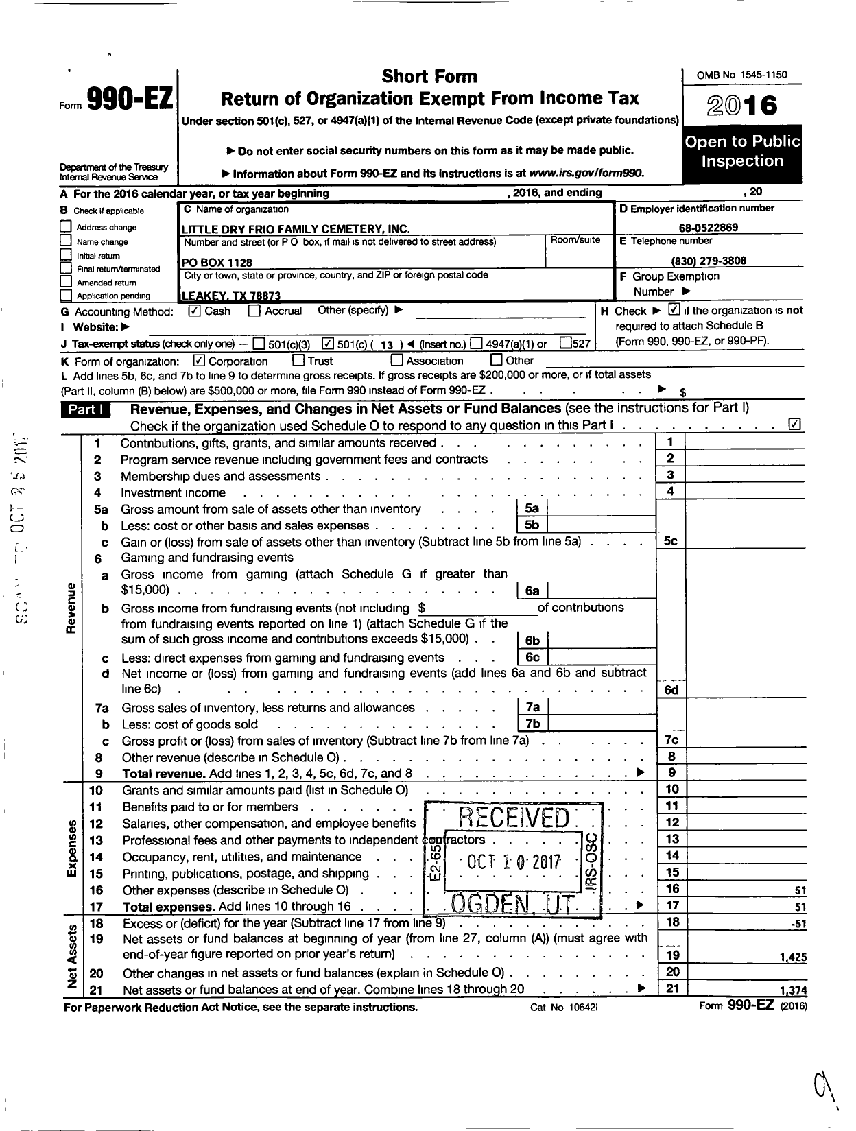 Image of first page of 2016 Form 990EO for Little Dry Frio Family Cemetery