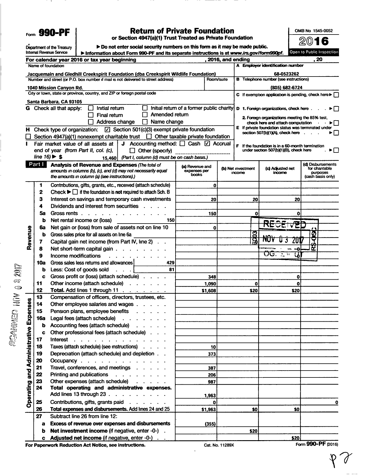 Image of first page of 2016 Form 990PF for Jacquemain and Gledhill Creekspirit Foundation