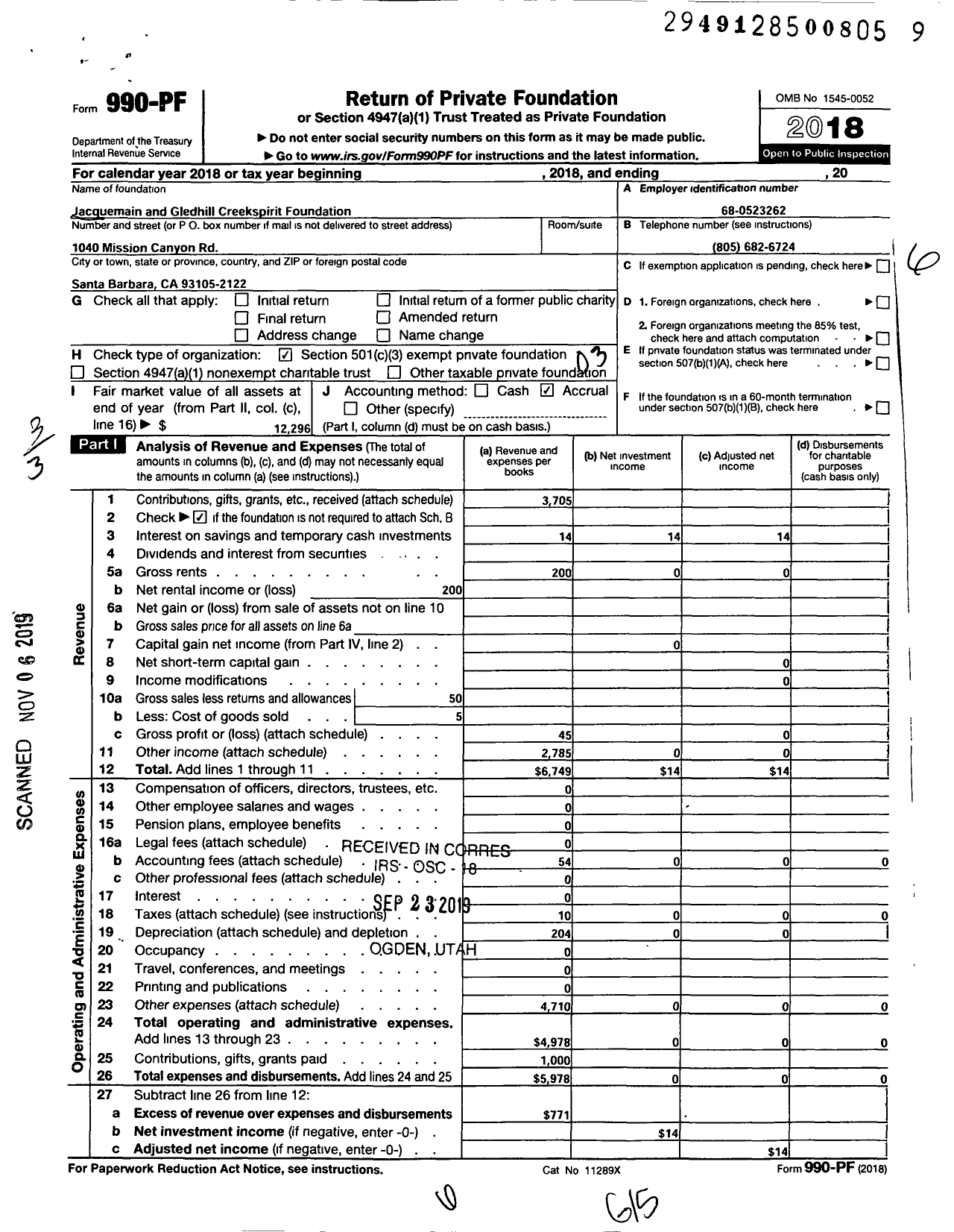 Image of first page of 2018 Form 990PF for Jacquemain and Gledhill Creekspirit Foundation