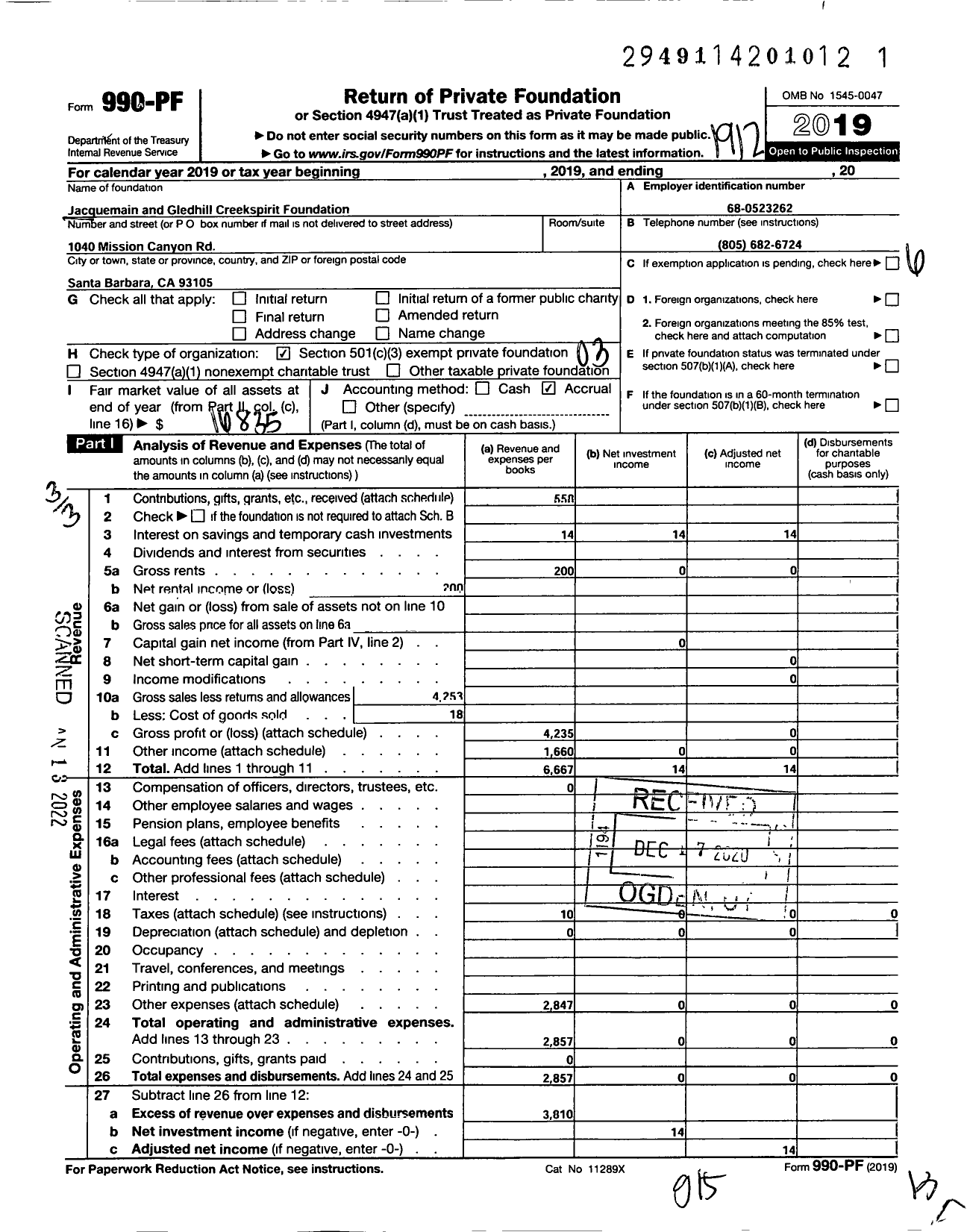 Image of first page of 2019 Form 990PF for Jacquemain and Gledhill Creekspirit Foundation