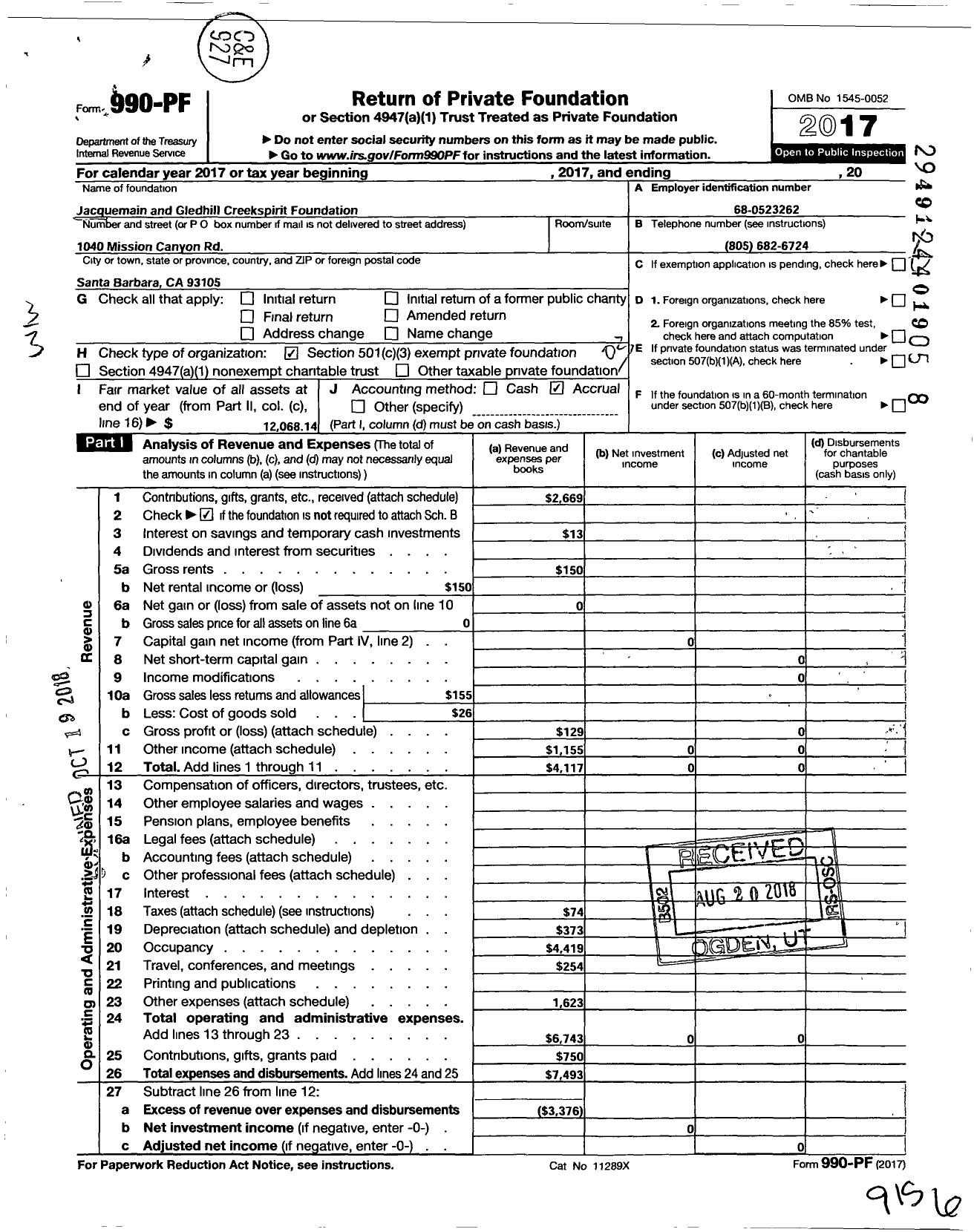 Image of first page of 2017 Form 990PF for Jacquemain and Gledhill Creekspirit Foundation