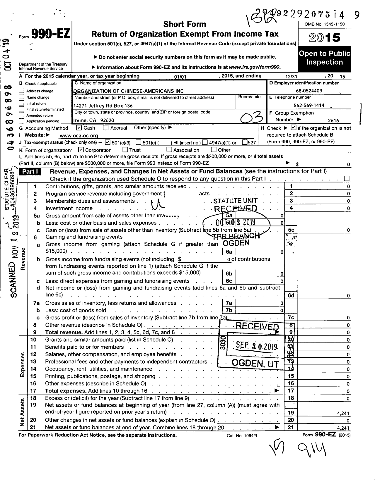 Image of first page of 2015 Form 990EZ for Organization of Chinese-Americans / Orange County Chapter