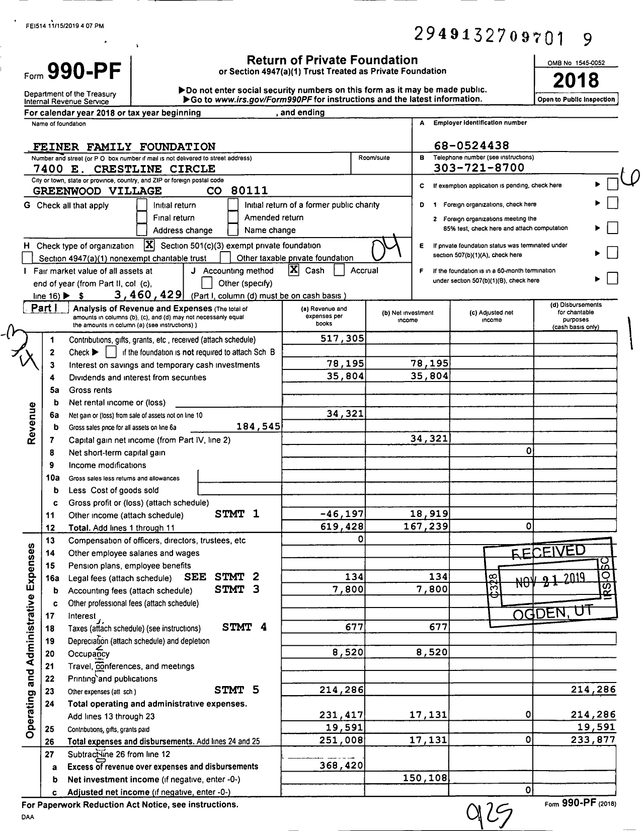 Image of first page of 2018 Form 990PF for Feiner Family Foundation