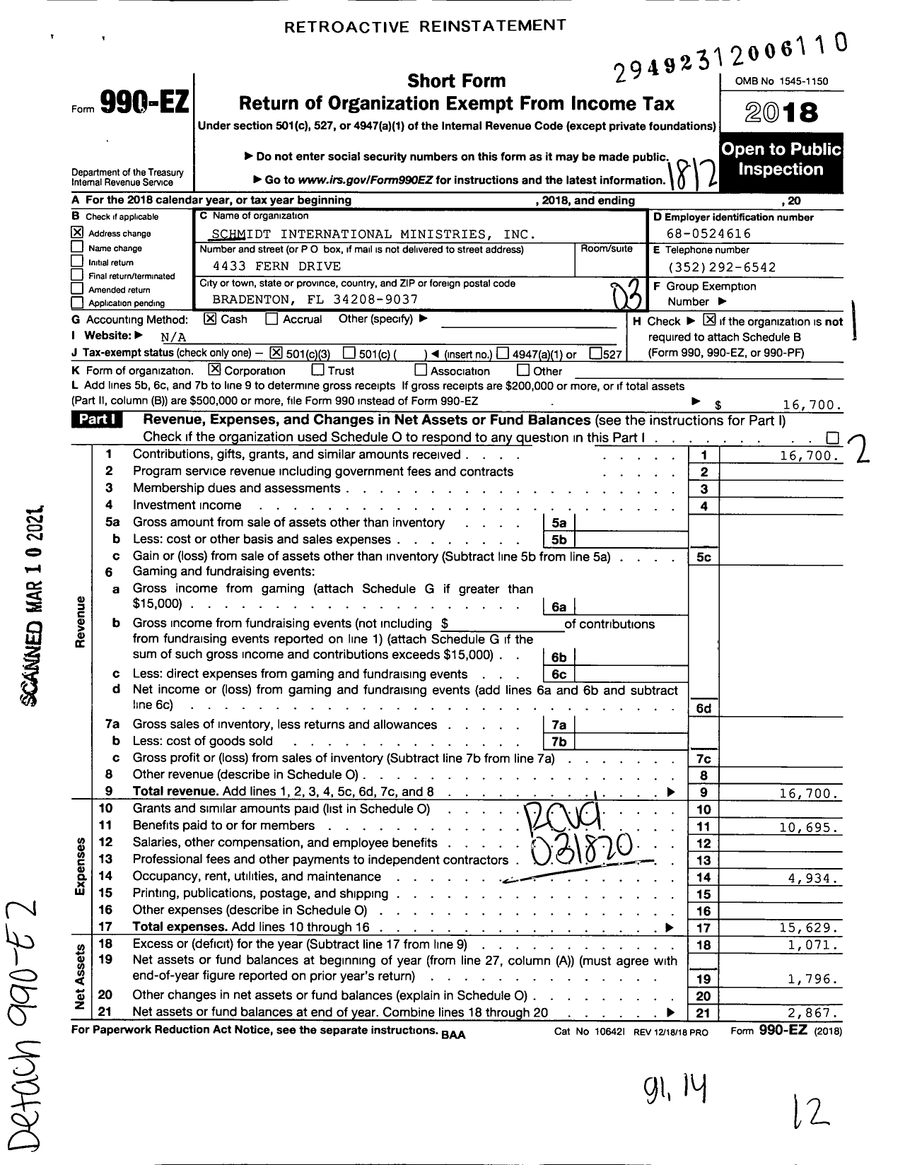 Image of first page of 2018 Form 990EZ for Schmidt International Ministries