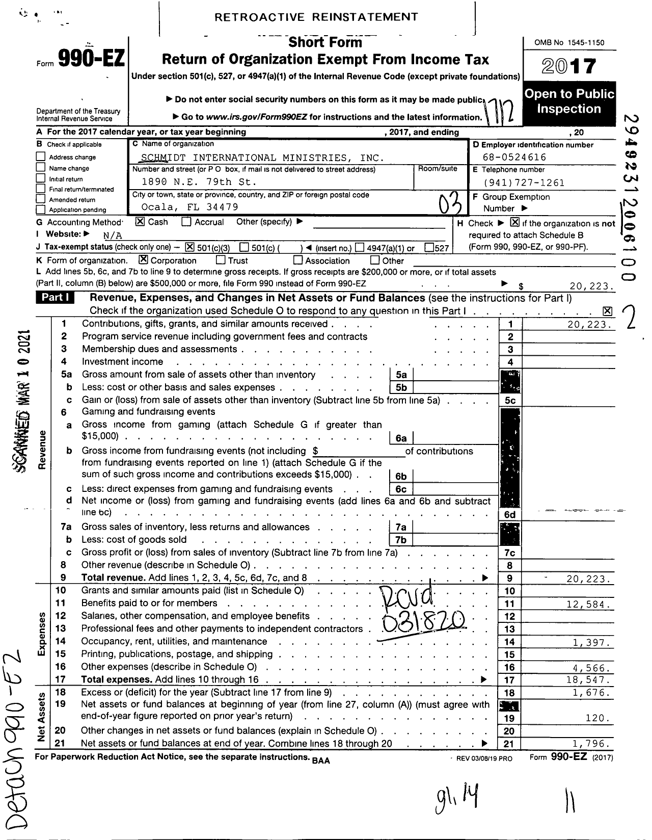 Image of first page of 2017 Form 990EZ for Schmidt International Ministries