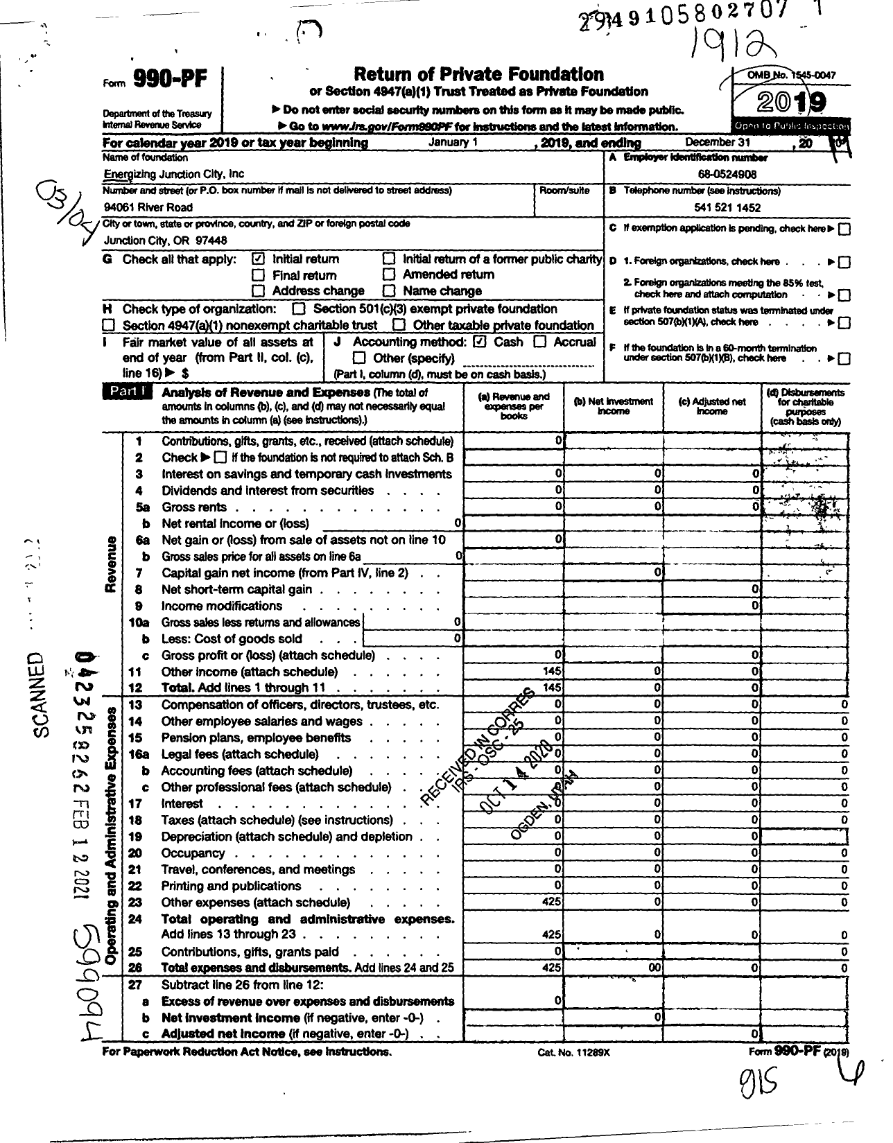 Image of first page of 2019 Form 990PF for Energizing Junction City