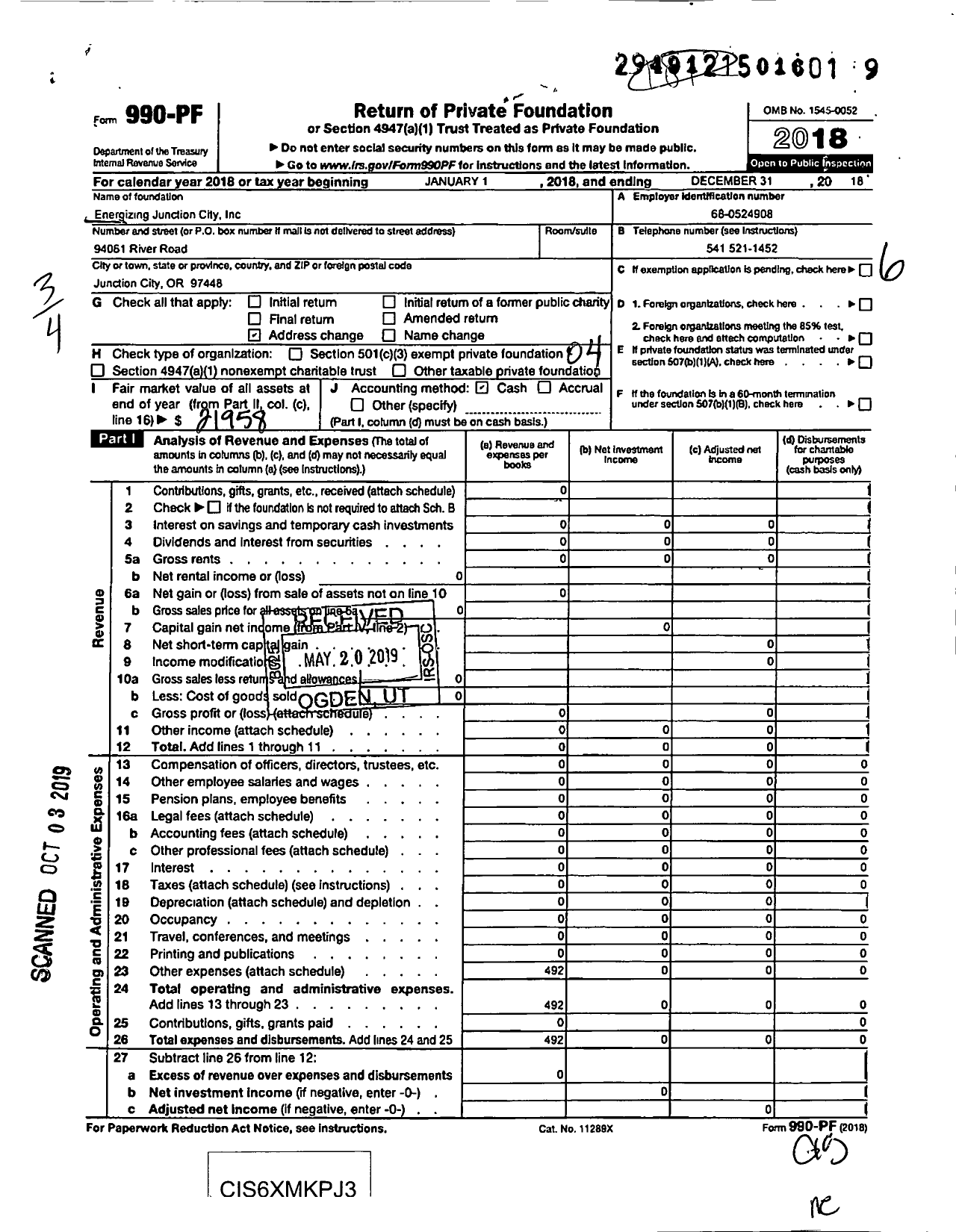 Image of first page of 2018 Form 990PF for Energizing Junction City