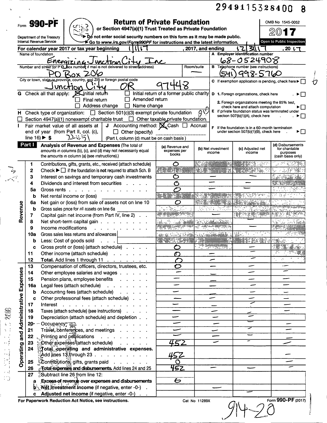 Image of first page of 2017 Form 990PF for Energizing Junction City