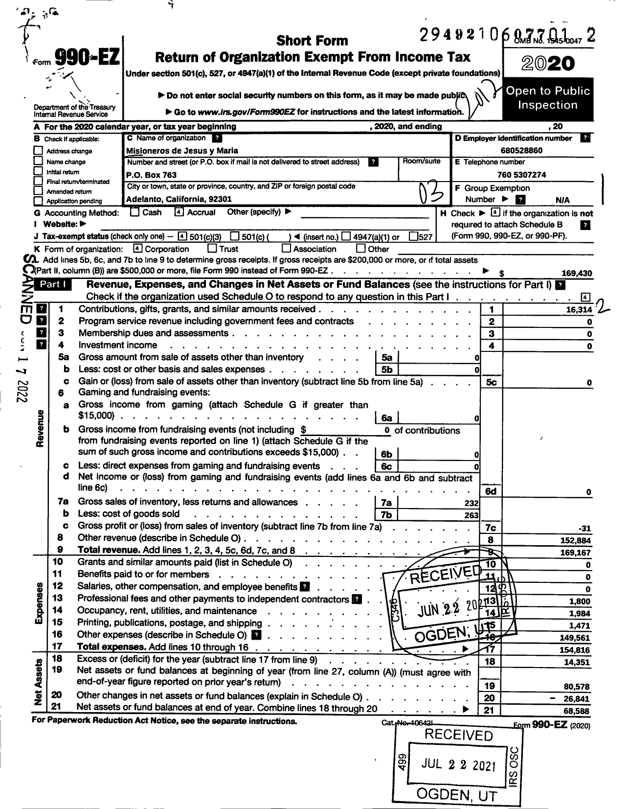 Image of first page of 2020 Form 990EZ for Misioneros de Jesus Y Maria