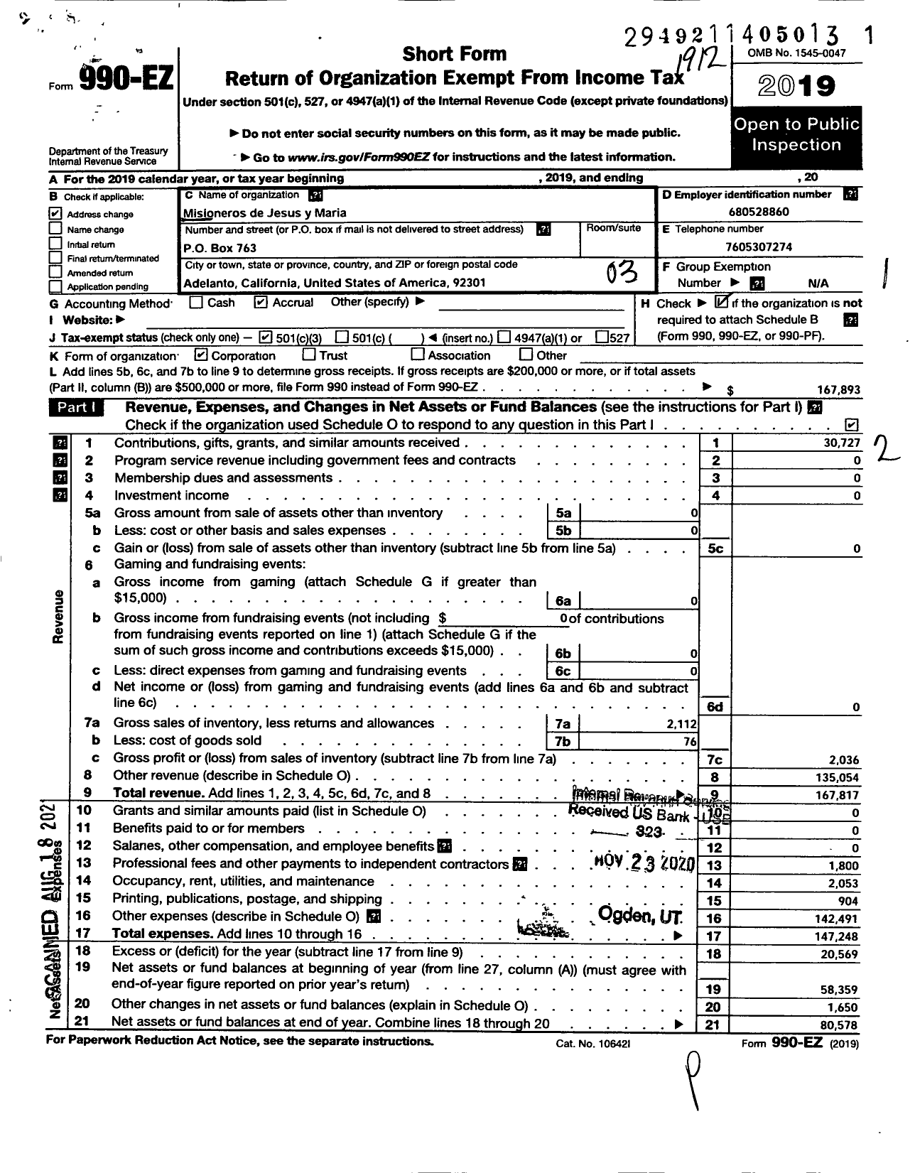 Image of first page of 2019 Form 990EZ for Misioneros de Jesus Y Maria