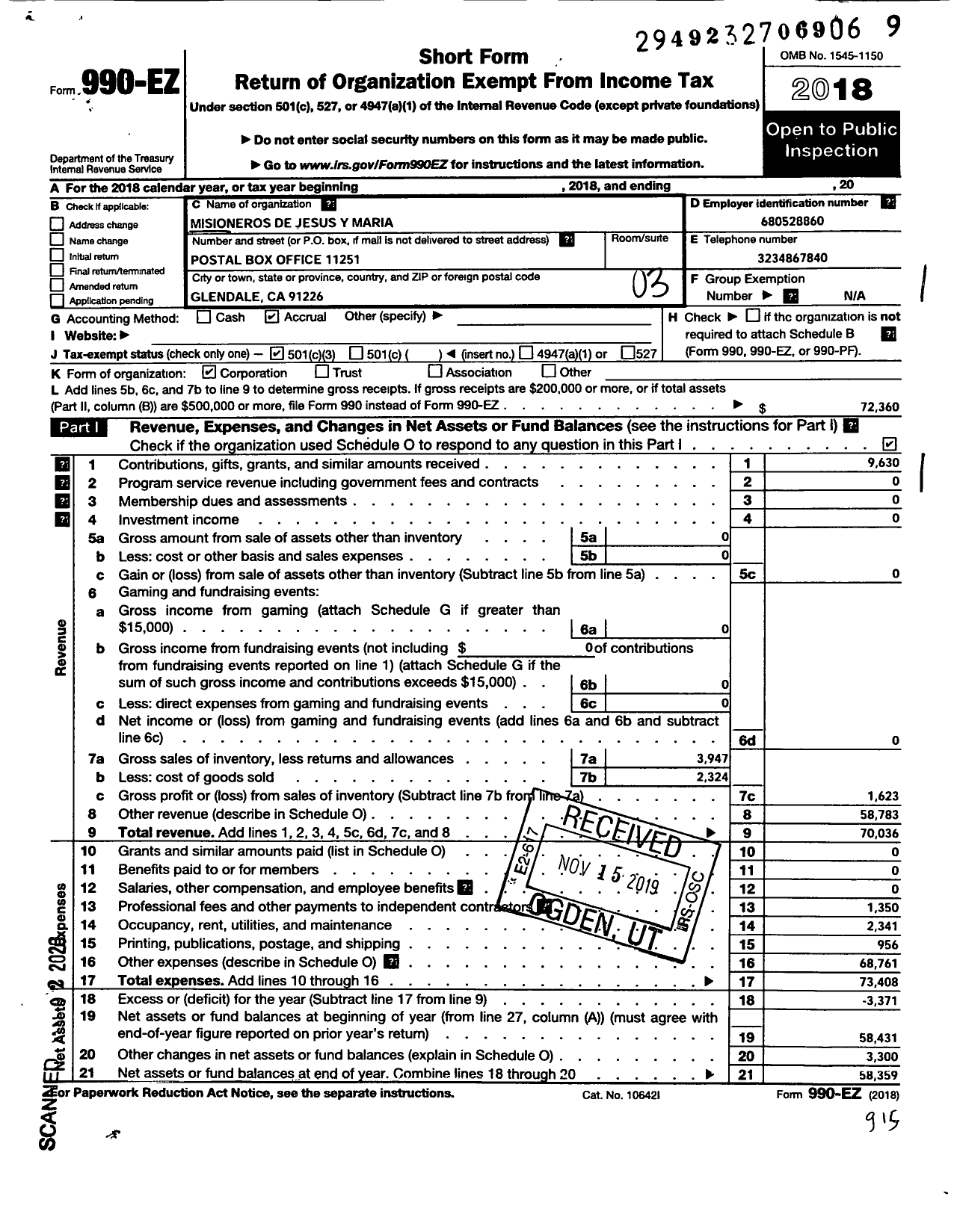 Image of first page of 2018 Form 990EZ for Misioneros de Jesus Y Maria