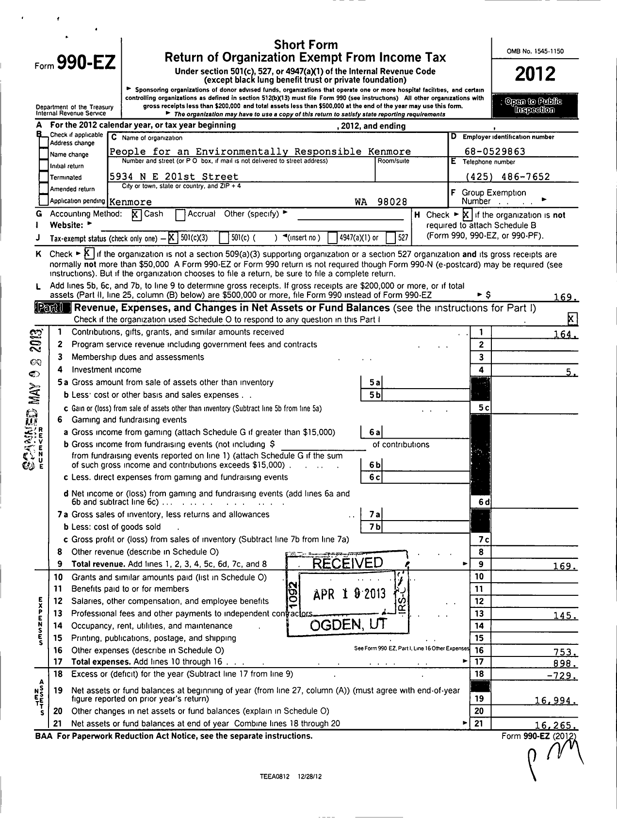 Image of first page of 2012 Form 990EZ for People for An Environmentally Responsible Kenmore