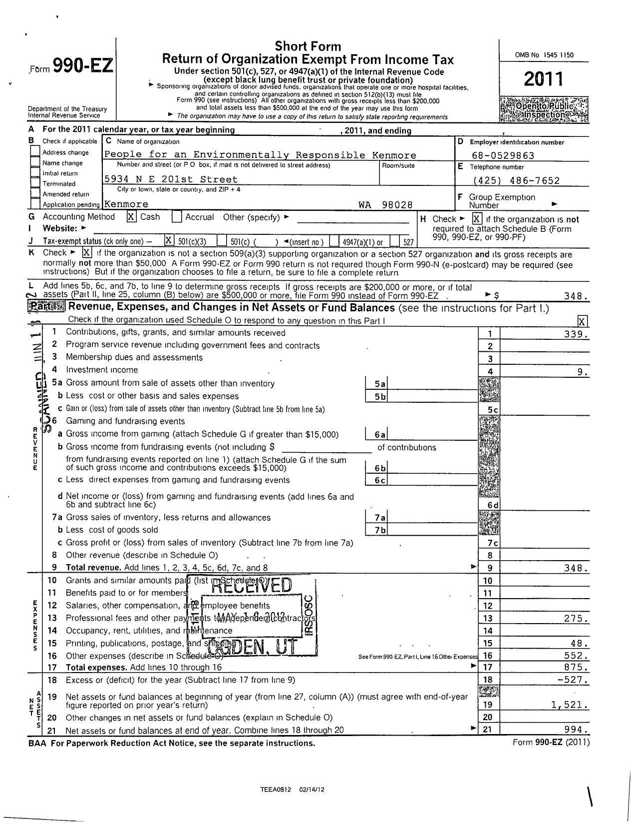 Image of first page of 2011 Form 990EZ for People for An Environmentally Responsible Kenmore