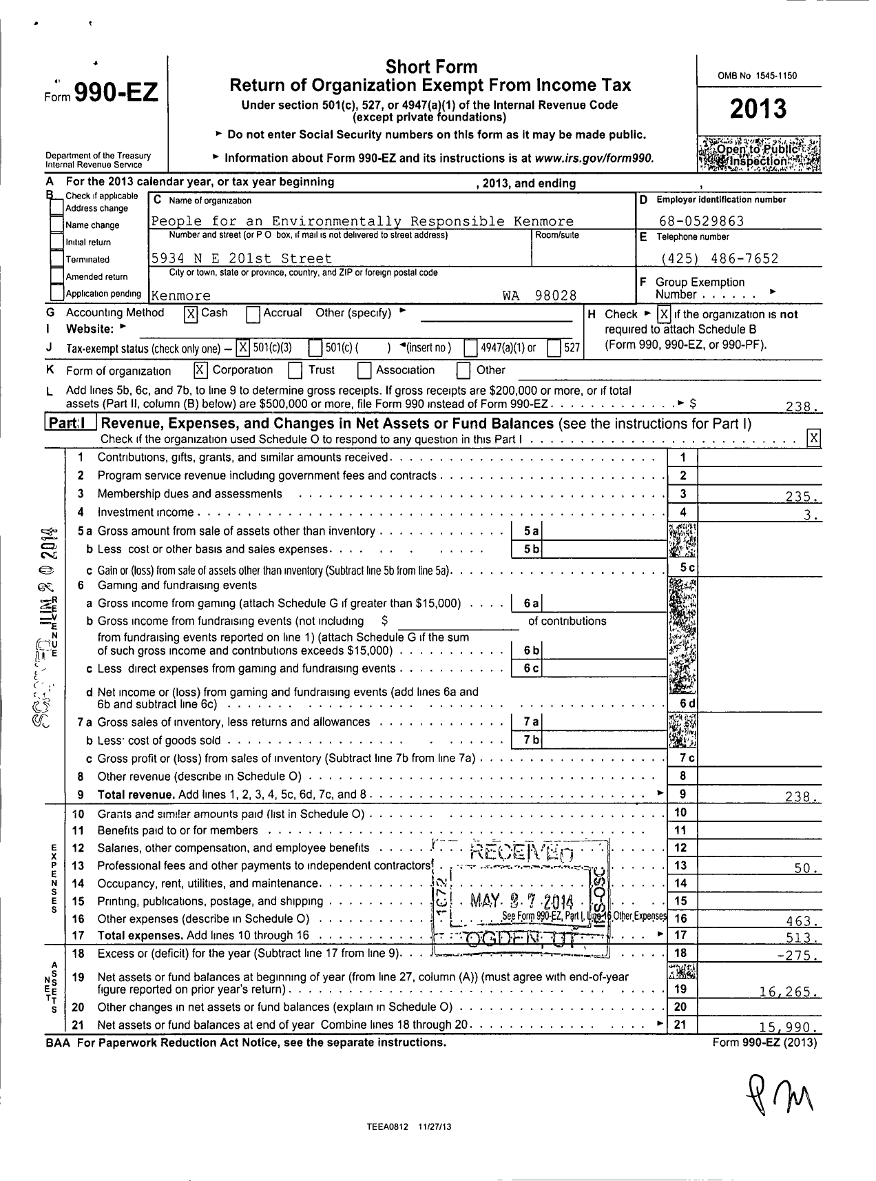 Image of first page of 2013 Form 990EZ for People for An Environmentally Responsible Kenmore