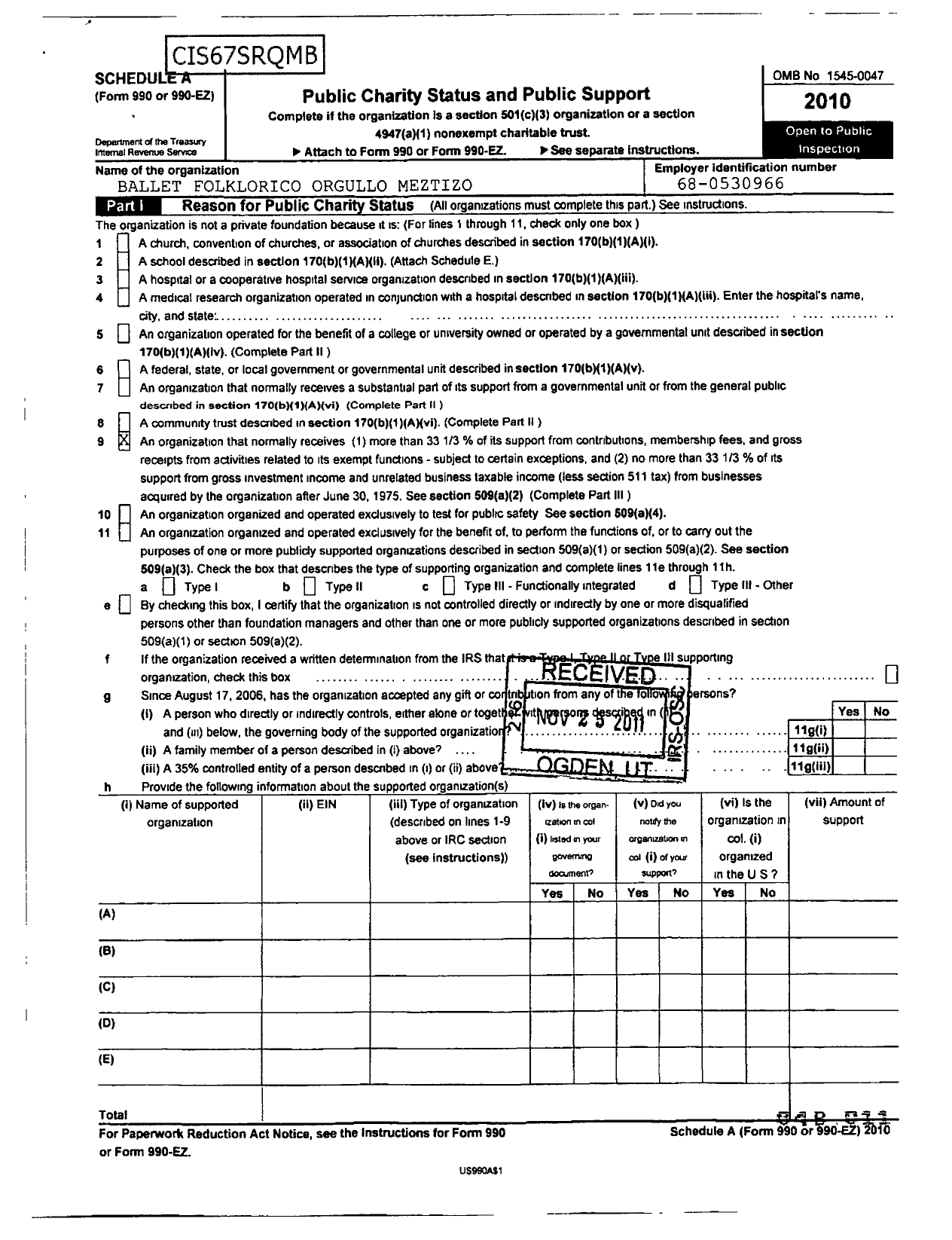 Image of first page of 2010 Form 990R for Ballet Folklorico Orgullo Mestizo