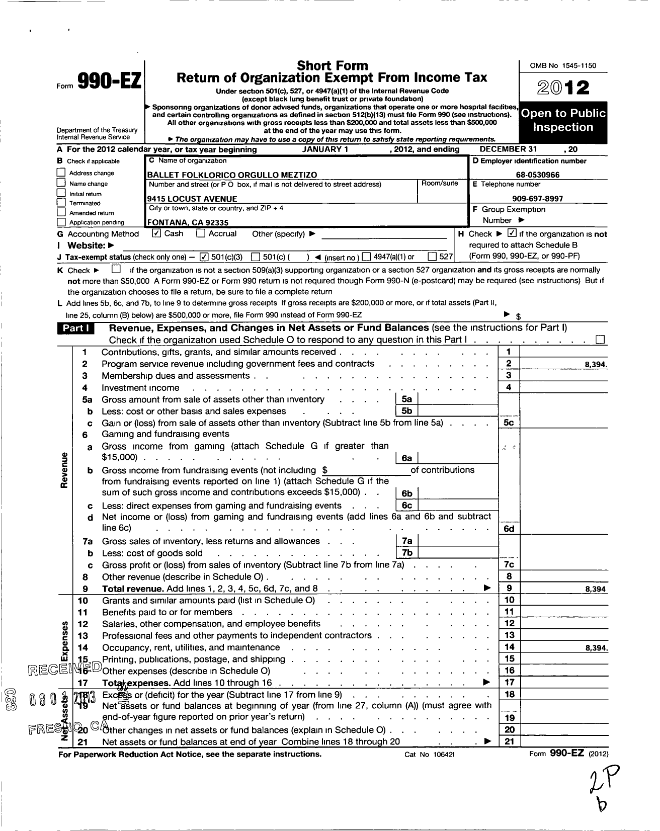 Image of first page of 2012 Form 990EZ for Ballet Folklorico Orgullo Mestizo