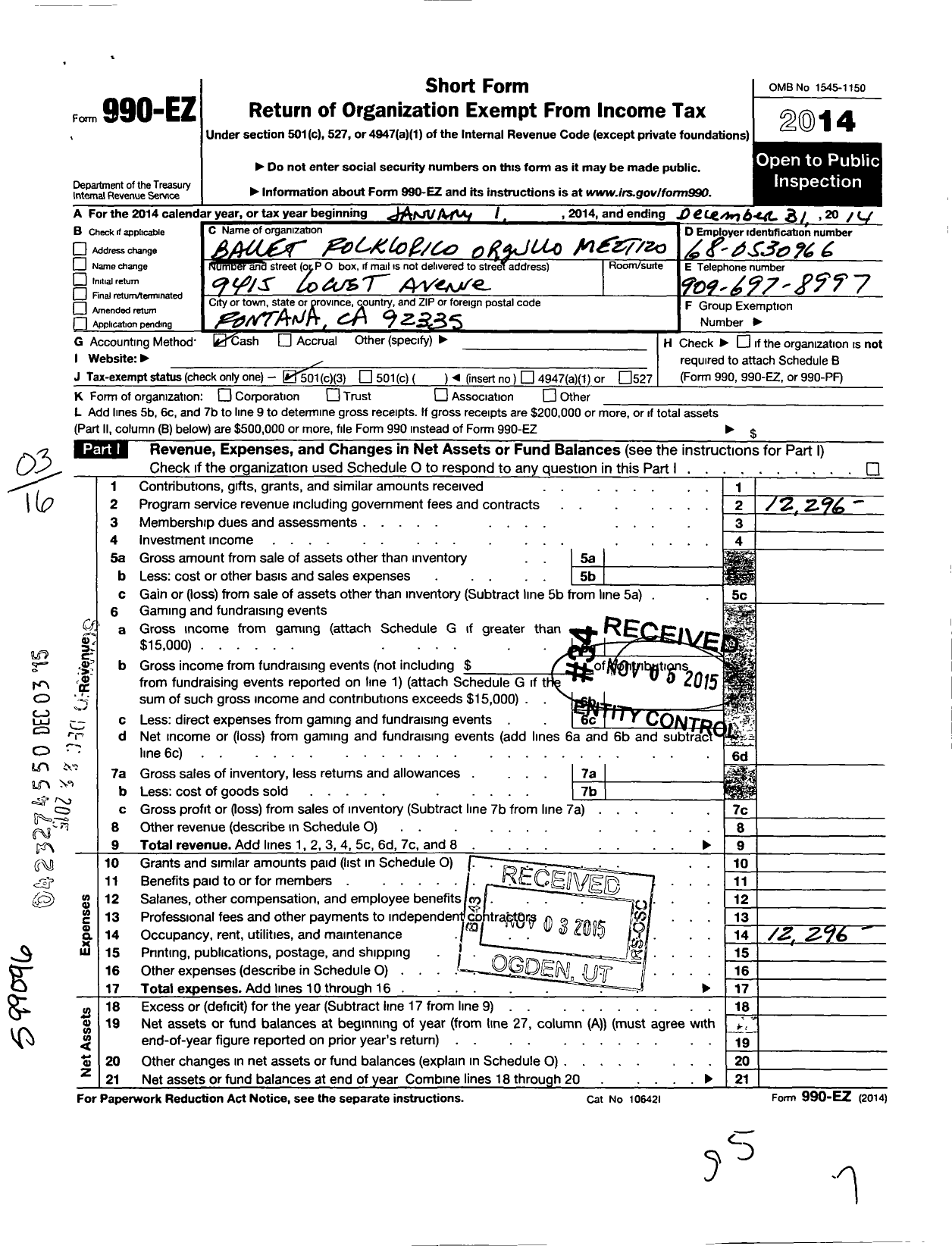 Image of first page of 2014 Form 990EZ for Ballet Folklorico Orgullo Mestizo