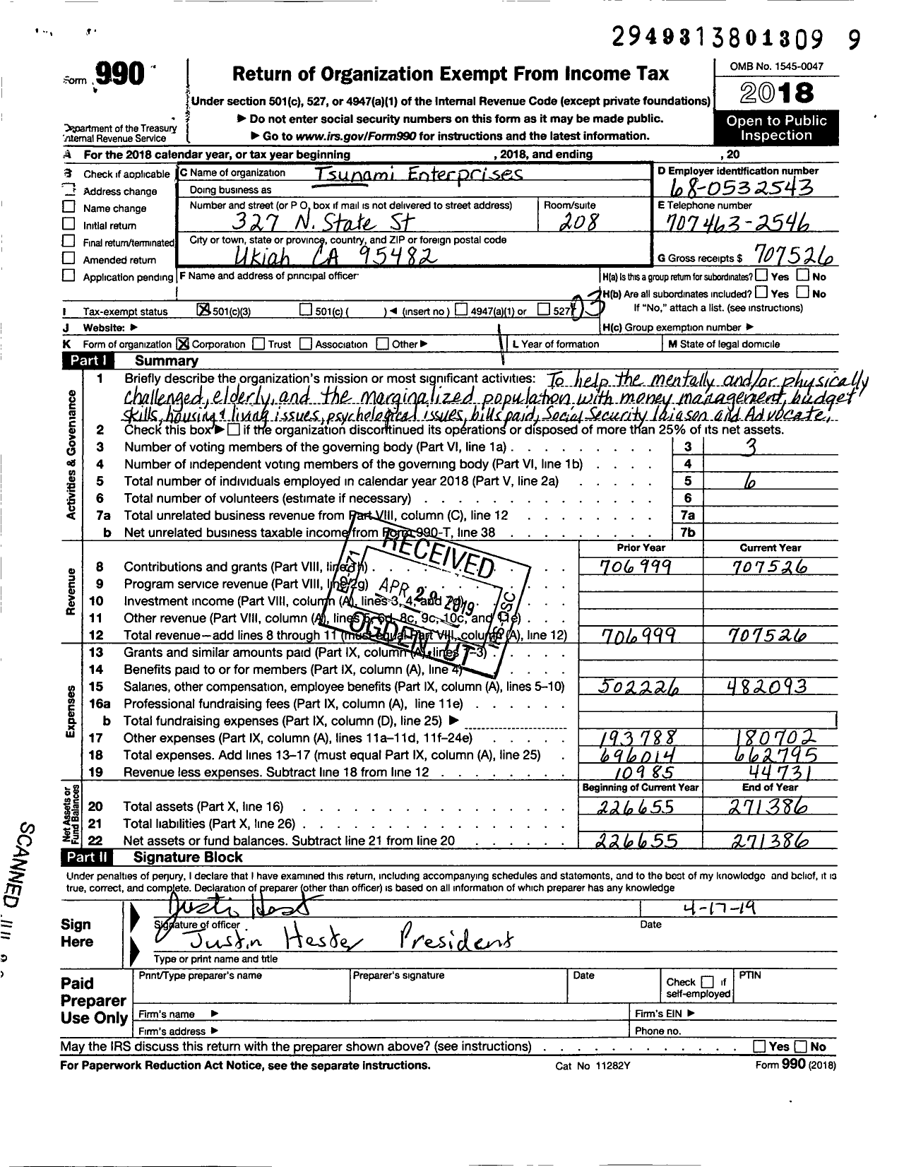 Image of first page of 2018 Form 990 for Tsunami Enterprises Tsunami Enterprises