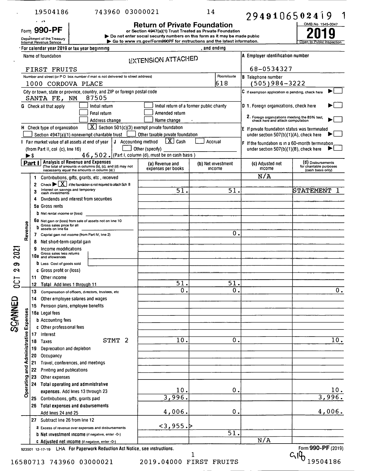 Image of first page of 2019 Form 990PF for First Fruits