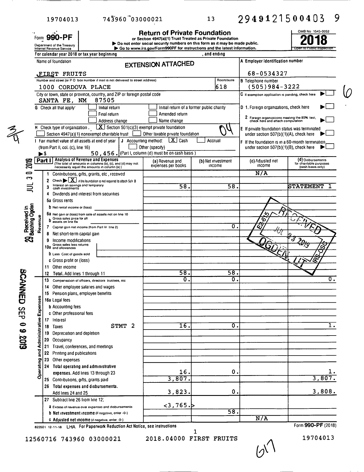 Image of first page of 2018 Form 990PF for First Fruits