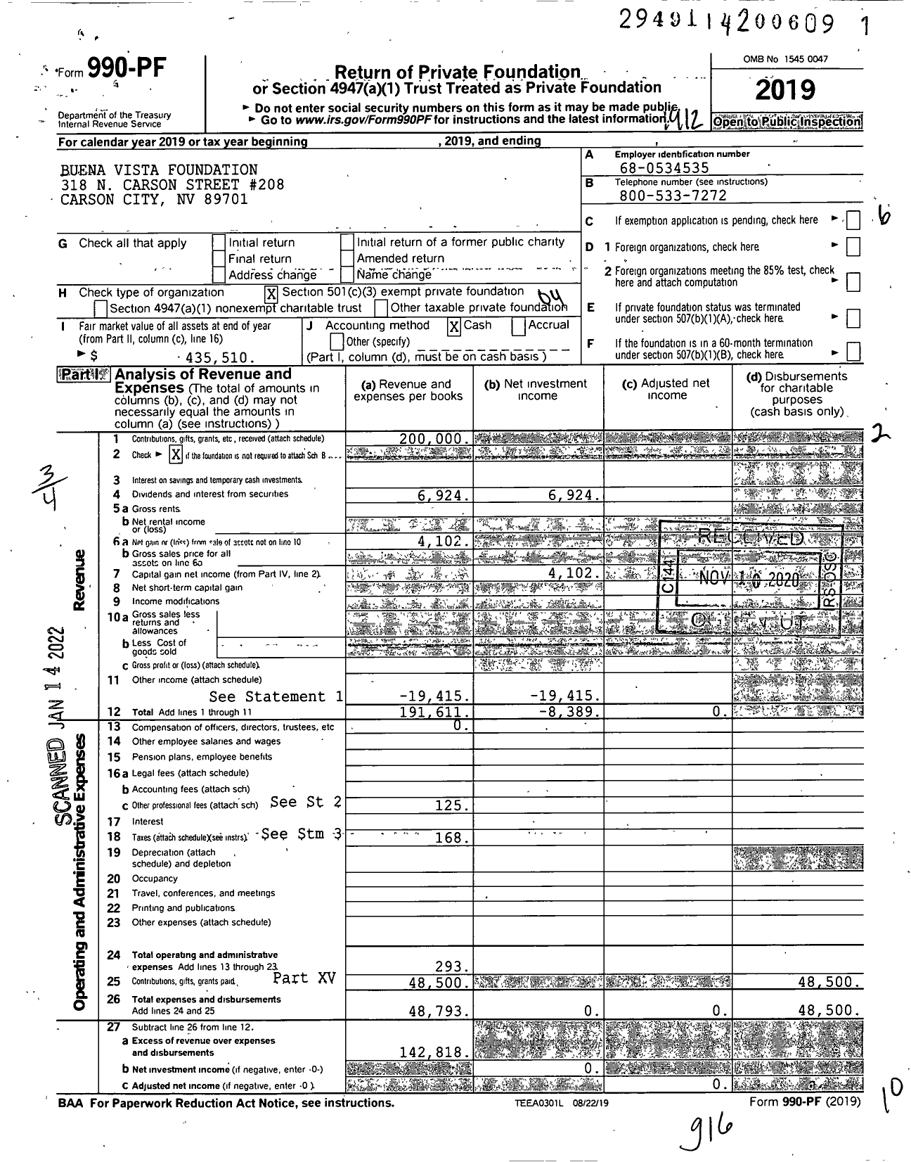 Image of first page of 2019 Form 990PF for Buena Vista Foundation