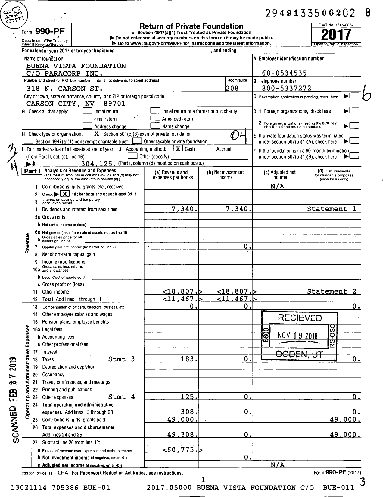 Image of first page of 2017 Form 990PF for Buena Vista Foundation