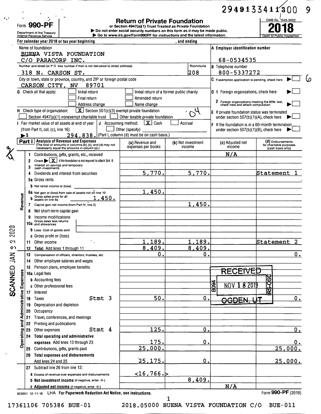 Image of first page of 2018 Form 990PF for Buena Vista Foundation