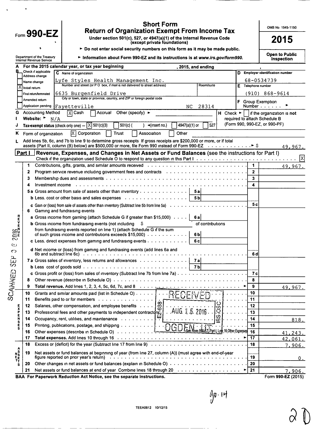 Image of first page of 2015 Form 990EZ for Lyfe Styles Health Management