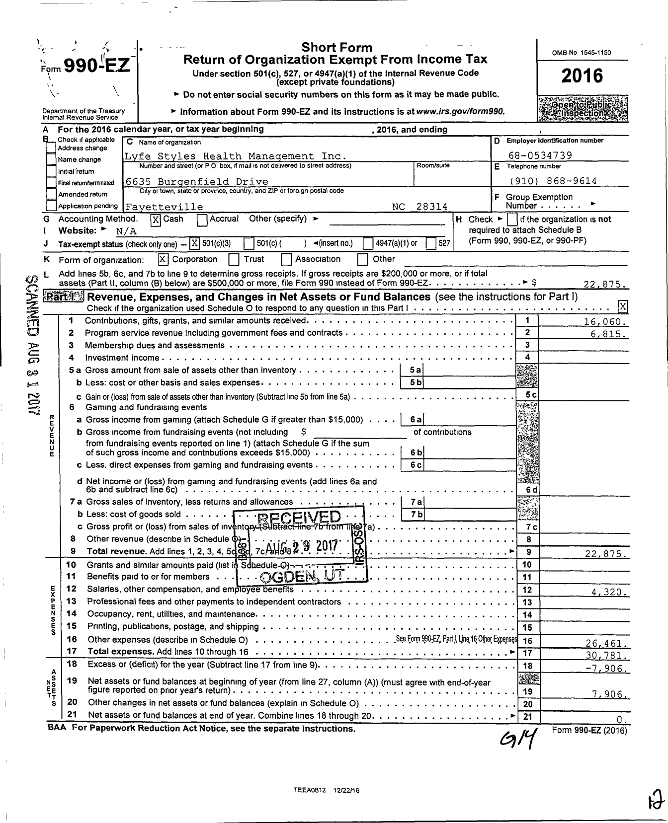 Image of first page of 2016 Form 990EZ for Lyfe Styles Health Management